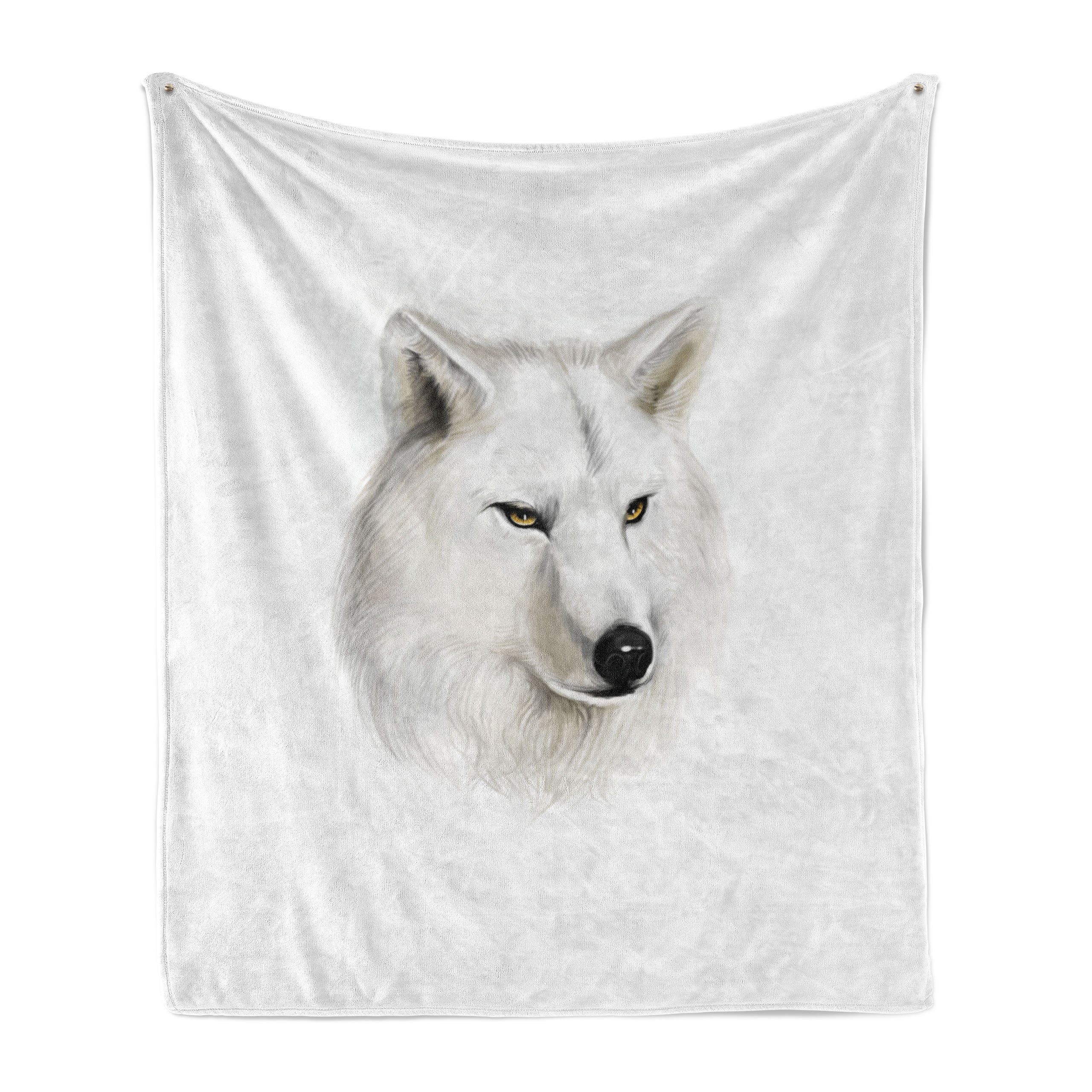 Wohndecke Gemütlicher Plüsch für den Innen- und Außenbereich, Abakuhaus, Wolf Weiß Canine Kopf Säugetier