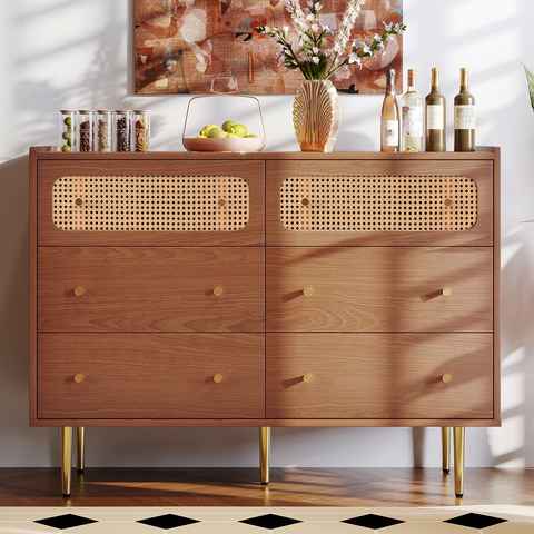 Merax Kommode Rattan geflecht,Highboard, Holz Sidebaord mit 6 Schubladen, Metallbeine, B:120cm