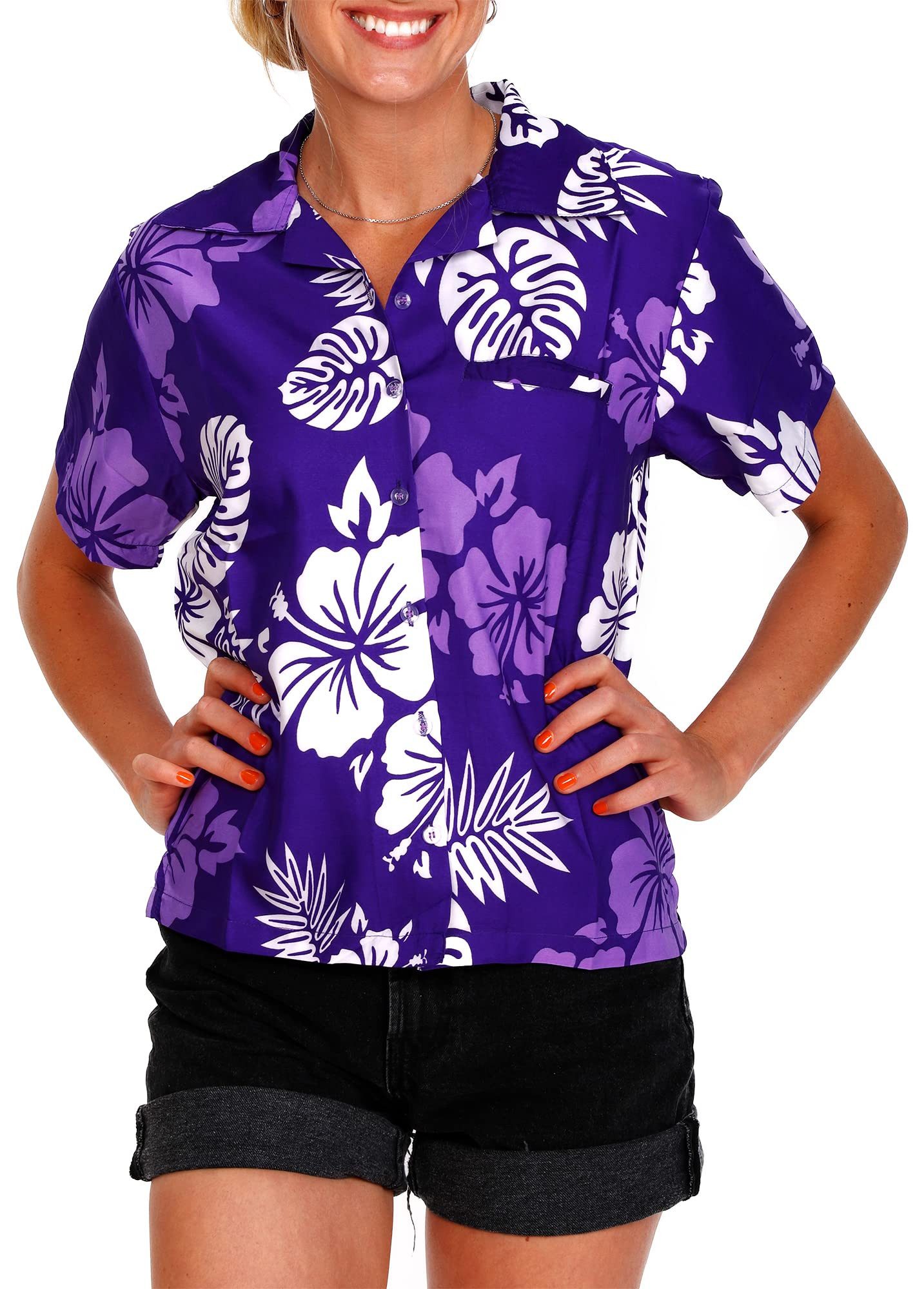 Hawaiihemd Mono Hibiscus Funky Hawaiibluse Damen Kurzarm Front-Tasche Stylish