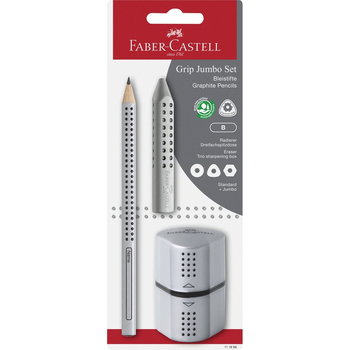 Faber-Castell Bleistift FABER-CASTELL Schreib Set Grip Jumbo Set B grau 3 Teile Blister