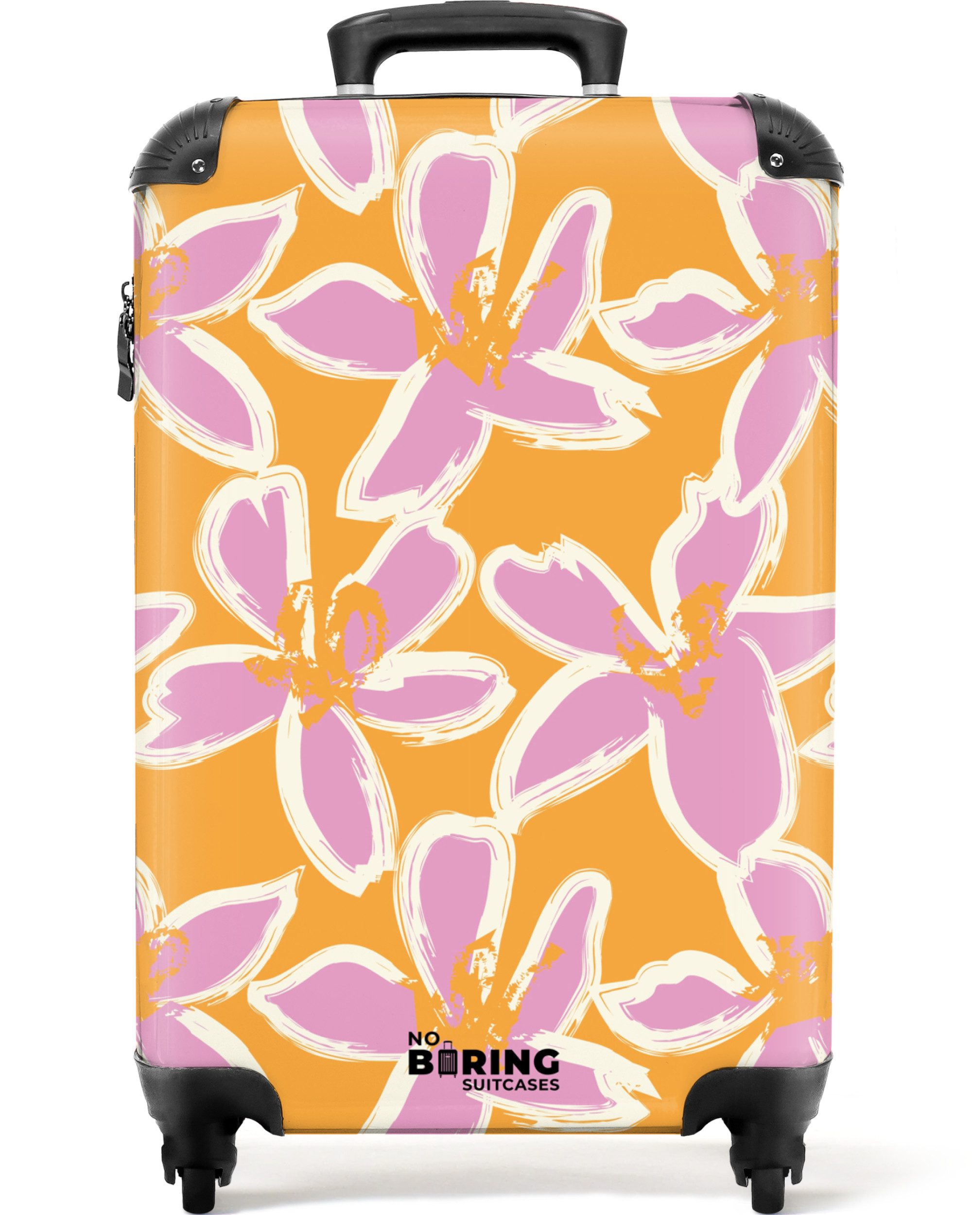 NoBoringSuitcases.com© Hartschalen-Trolley Orange mit rosa Blüten günstig online kaufen