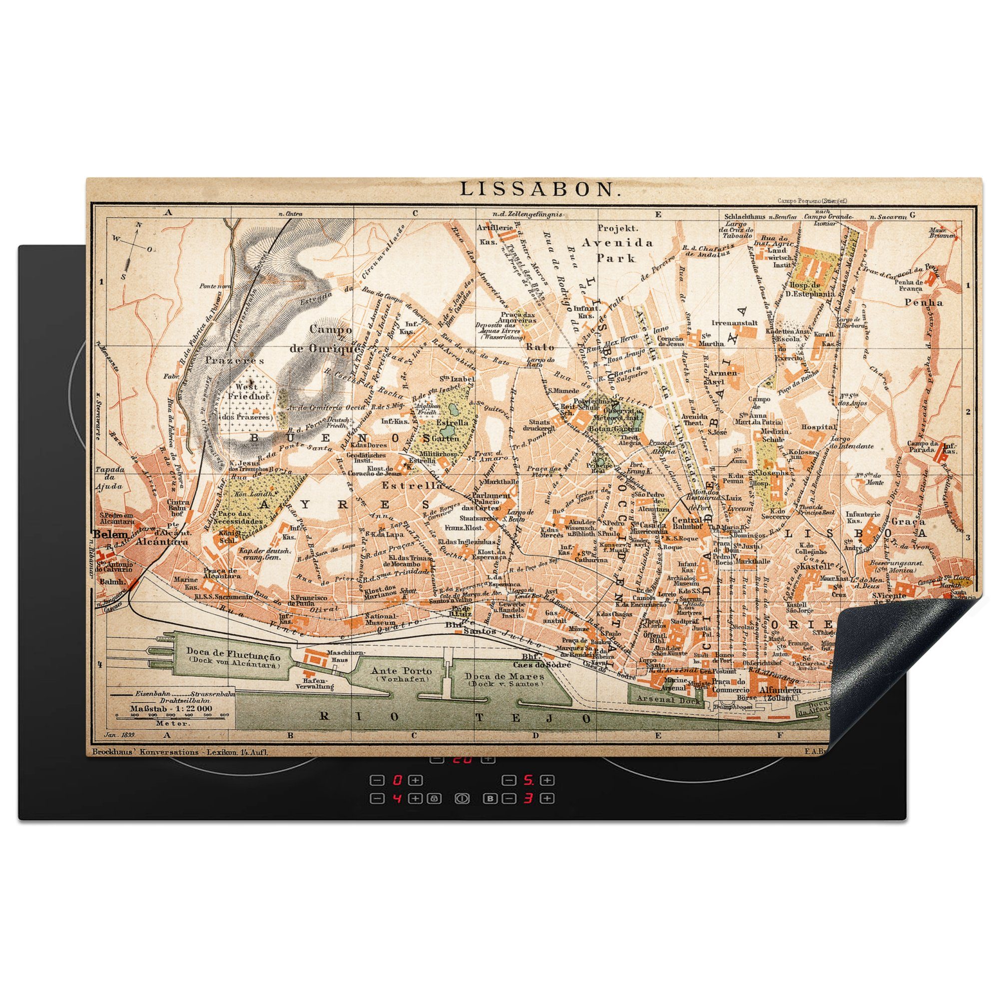 MuchoWow Herdblende-/Abdeckplatte Illustration einer alten Karte von Lissabon in Portugal, Vinyl, (1 tlg), 81x52 cm, Induktionskochfeld Schutz für die küche, Ceranfeldabdeckung