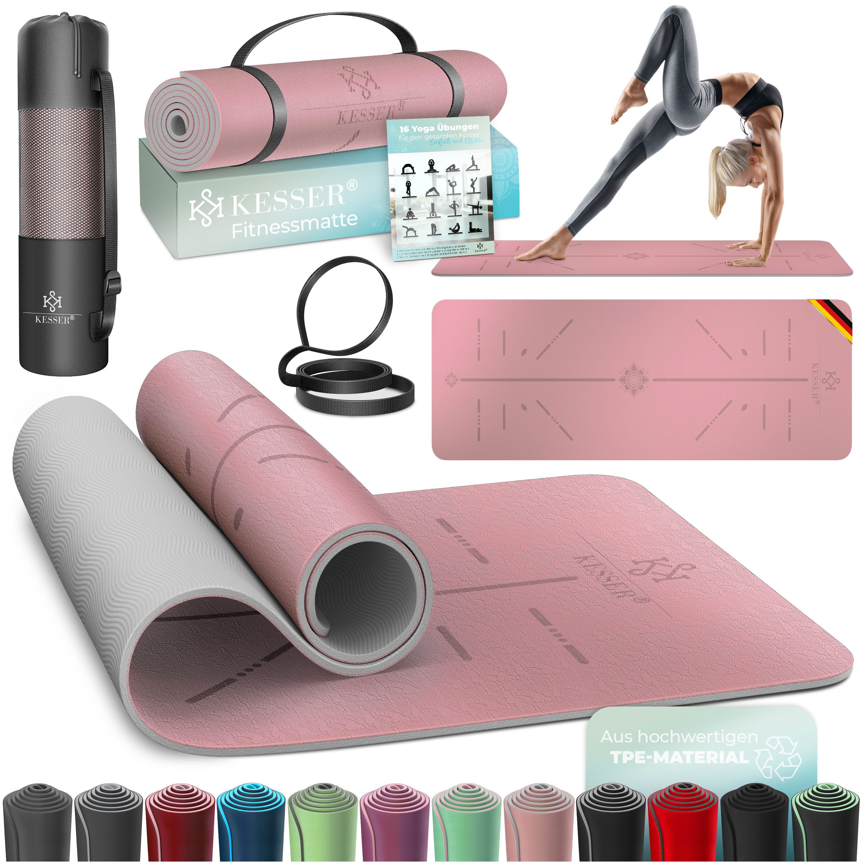 KESSER Yogamatte, Gymnastikmatte + Tragegurt rutschfest TPE Yogamatte gepolstert