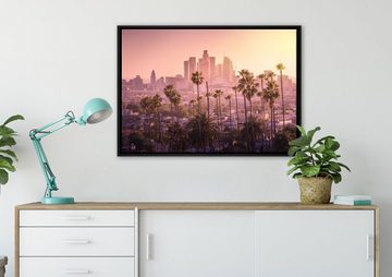 Pixxprint Leinwandbild Palmen vor Skyline von Los Angeles, Wanddekoration (1 St), Leinwandbild fertig bespannt, in einem Schattenfugen-Bilderrahmen gefasst, inkl. Zackenaufhänger