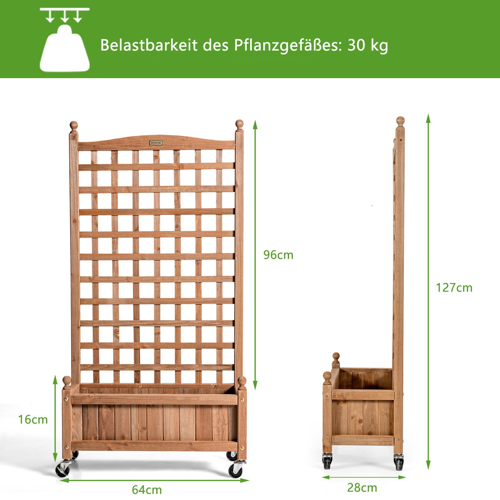 KOMFOTTEU Hochbeet, Pflanzkasten Blumenkasten mit Rankgitter, 64 x 28 x 127 cm