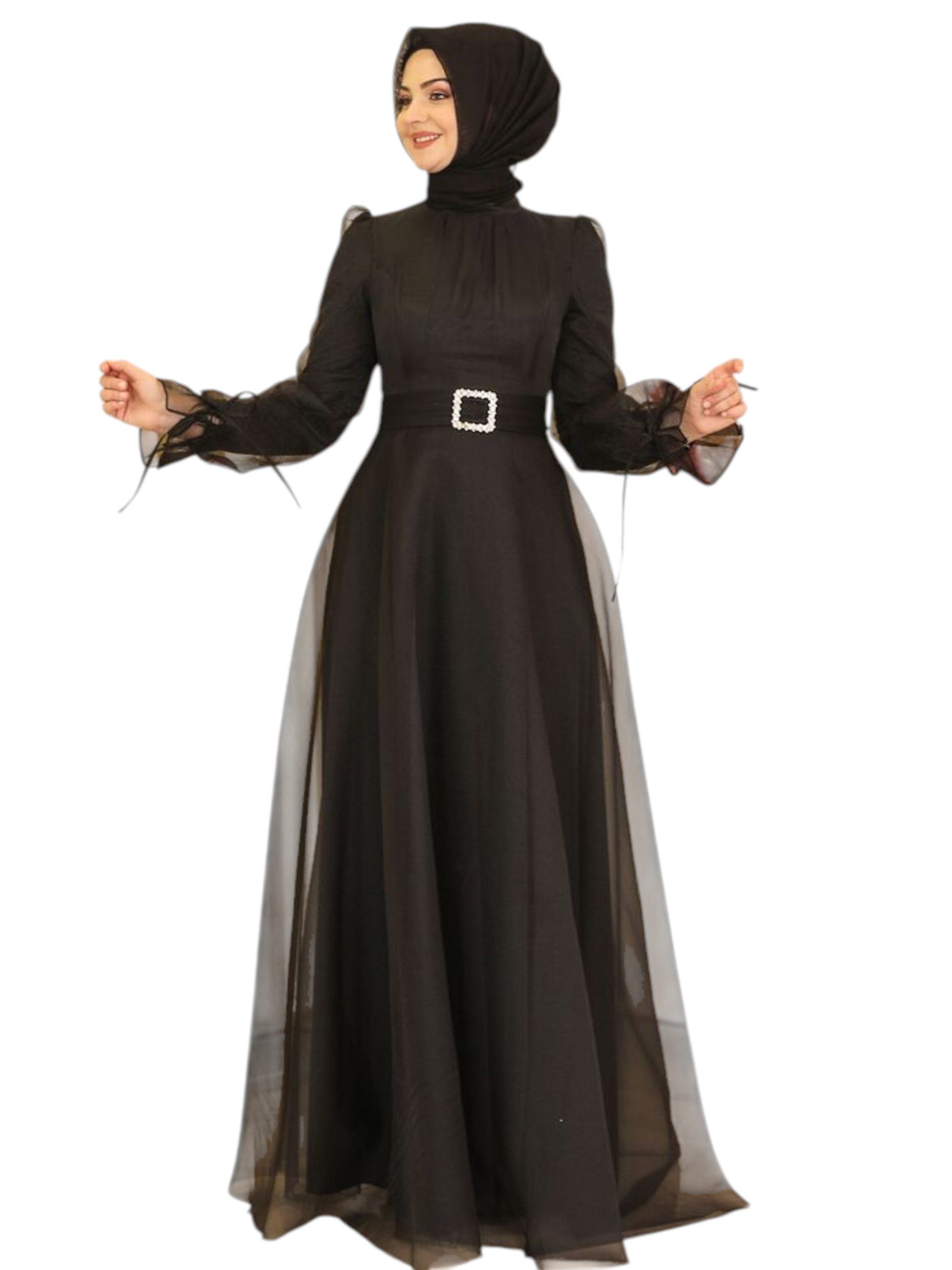 Modavitrini Abendkleid Damen Tüll Maxikleid Langarm – Festkleid mit Gürtel Modest Fashion Gürtel mit Schmucksteinen