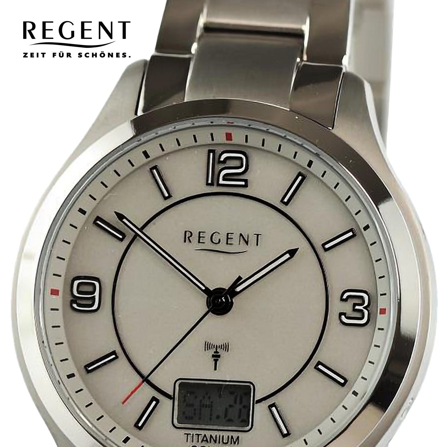 extra Armbanduhr Regent Funkuhr groß Armbanduhr Herren rund, Analog-Digital, Quarzuhr Herren (ca. Regent 42mm), Metallarmband,