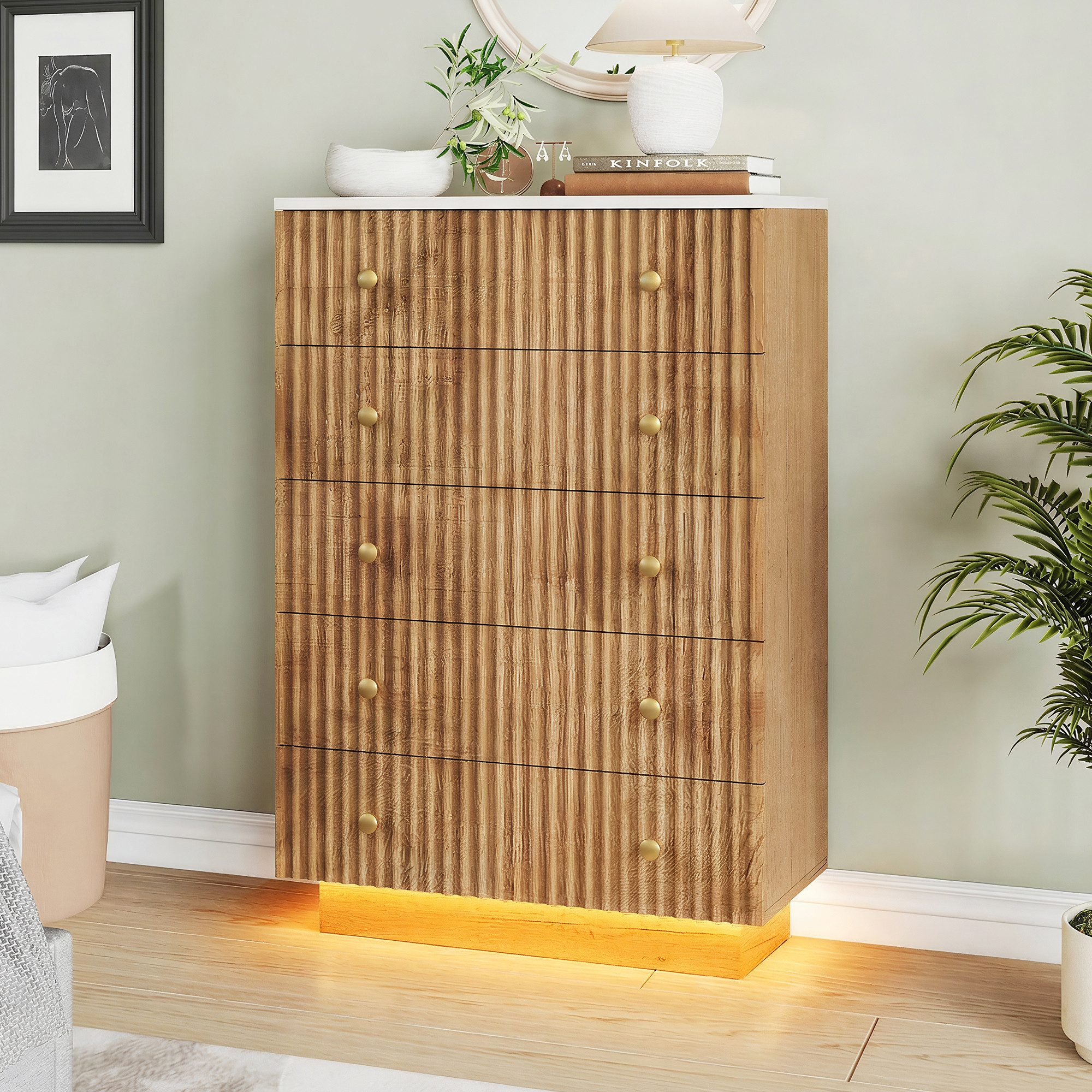 ADWOLT Sideboard Kommode mit 5 Schubladen, Holz Schrank mit LED-Beleuchtung,für Wohnzimmer und Schlafzimmer,Natur