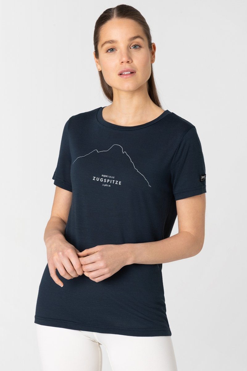 SUPER.NATURAL Print-Shirt Merino wärmender Merino-Materialmix T-Shirt W TEE ZUGSPITZ Grey Blueberry/Feather