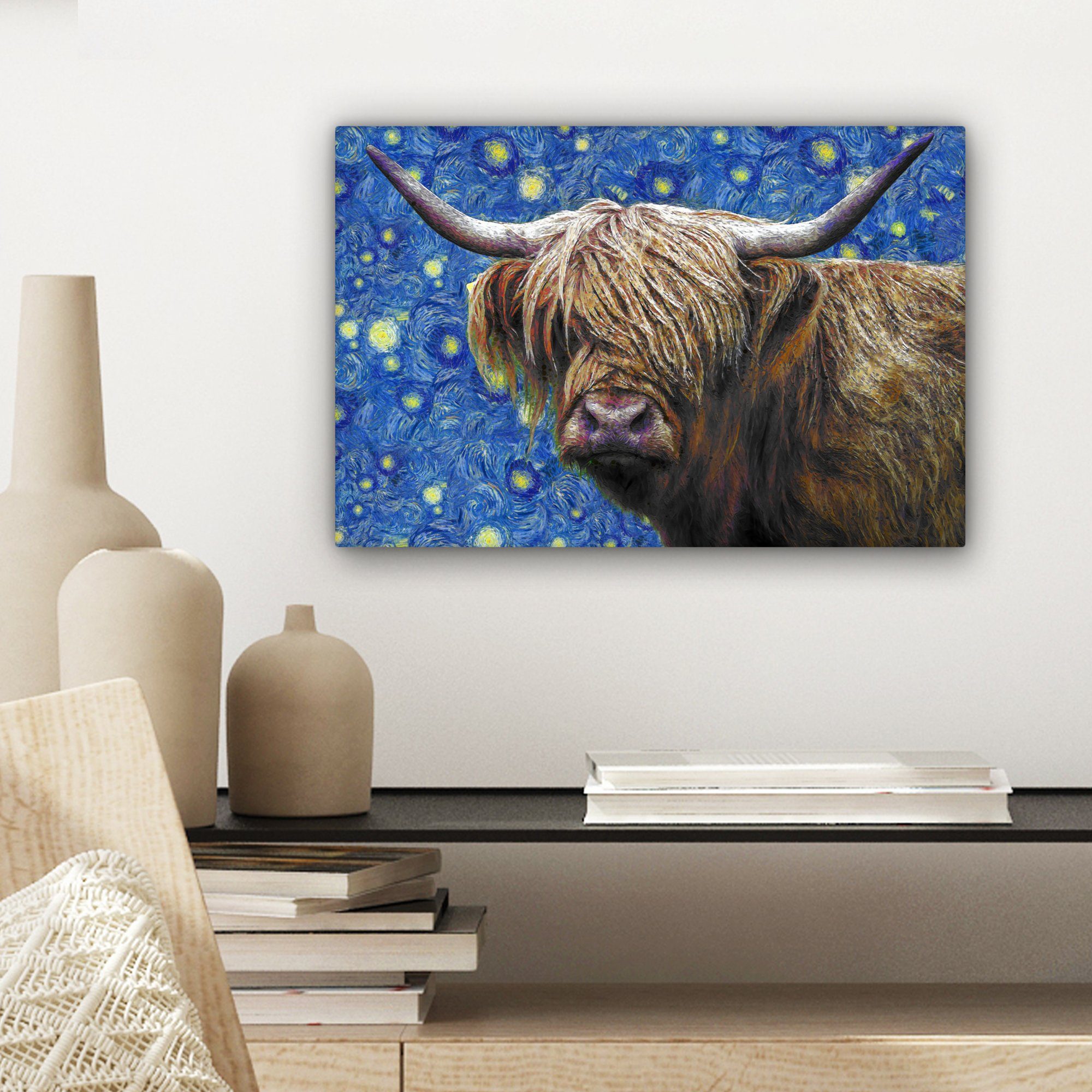 Gogh, Leinwandbilder, Highlander 30x20 OneMillionCanvasses® Wandbild cm Scottish - (1 Wanddeko, - St), Aufhängefertig, Sternennacht Leinwandbild Van