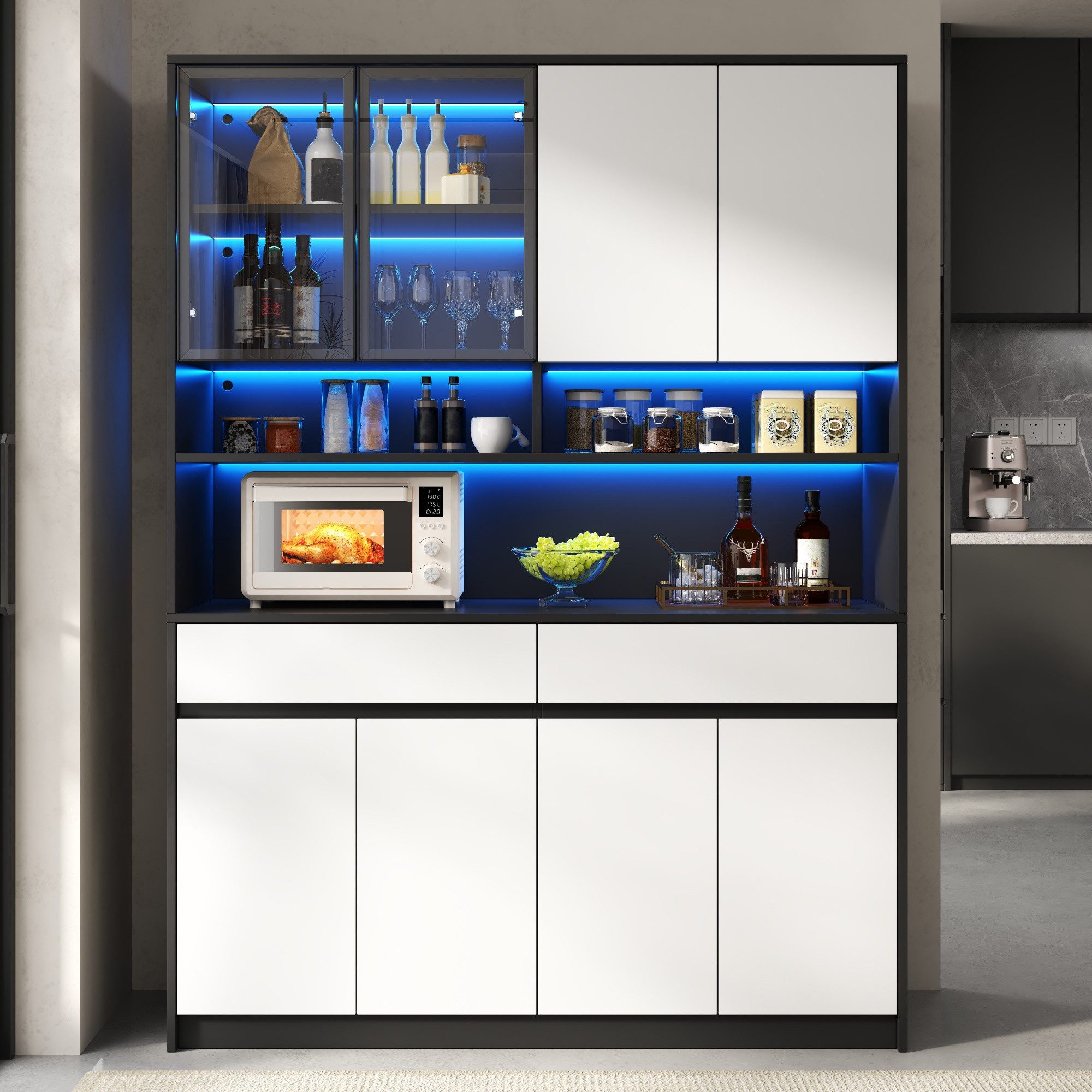 Merax Hochschrank mit LED-Beleuchtung, Glasvitrine, offenen Ablagen & Stauraum (1-St., 120 x 38 x 160 cm (L x B x H) Wohnzimmerschrank Sideboard Schrank mit APP – Bild 3 von 5