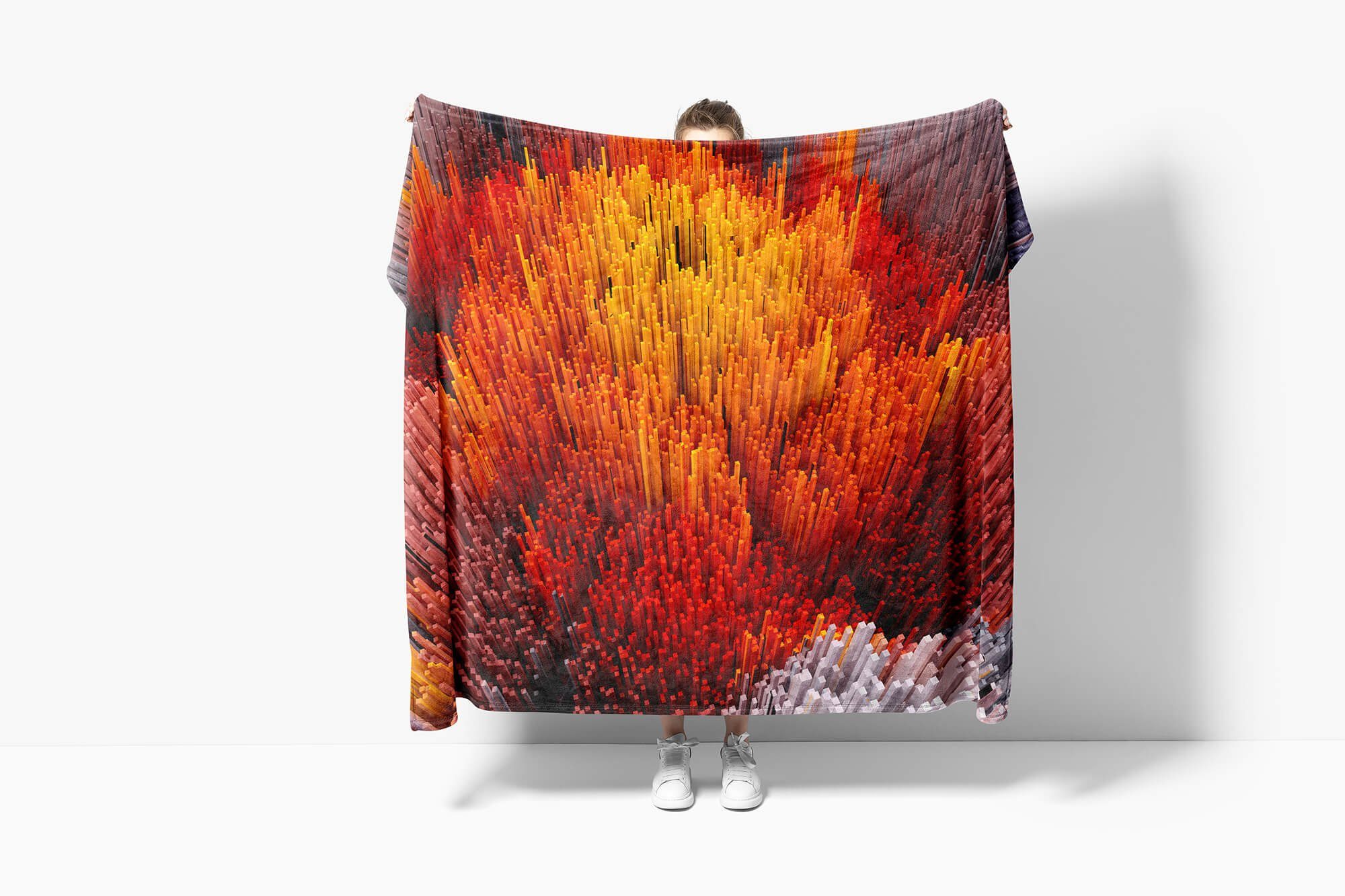 Sinus Art Handtücher Handtuch Rot mit Balken Baumwolle-Polyester-Mix Kuscheldecke Strandhandtuch Kunstvoll, (1-St), Saunatuch Fotomotiv Handtuch Orange