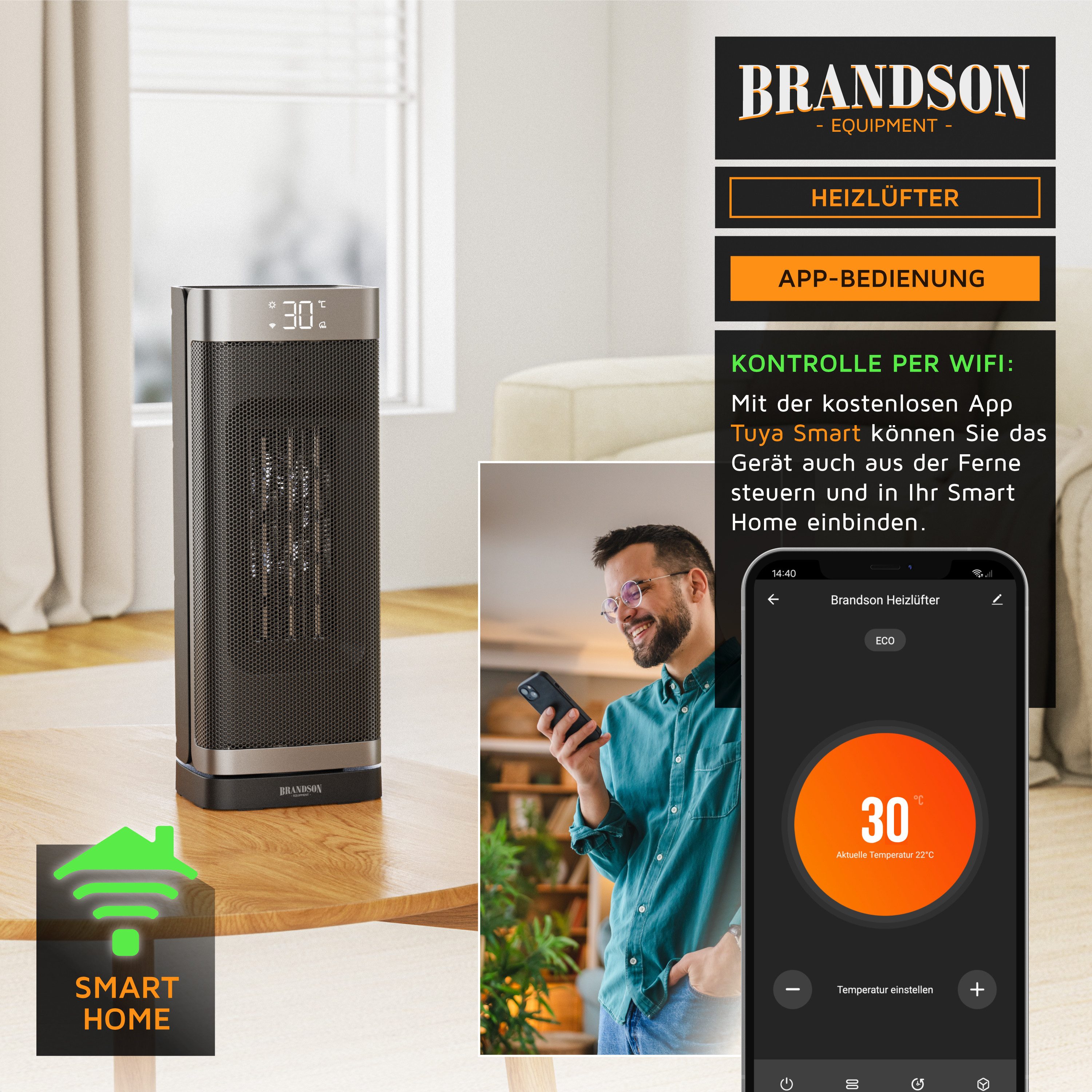 Brandson Heizlüfter Smarter WLAN-Keramikheizlüfter 2000 W, App & Fernbedienung, Timer, 1500 W, energiesparend, ECO-Modus, Thermostat, 10-35°C, LED-Display – Bild 4 von 5