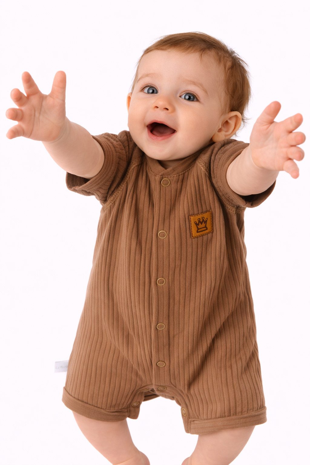 La Bortini Spieler Kurzer Baby Strampler Romper in Braun mit Krone elastisch, weich, gerippt, 44 50 56 62 68 74 80