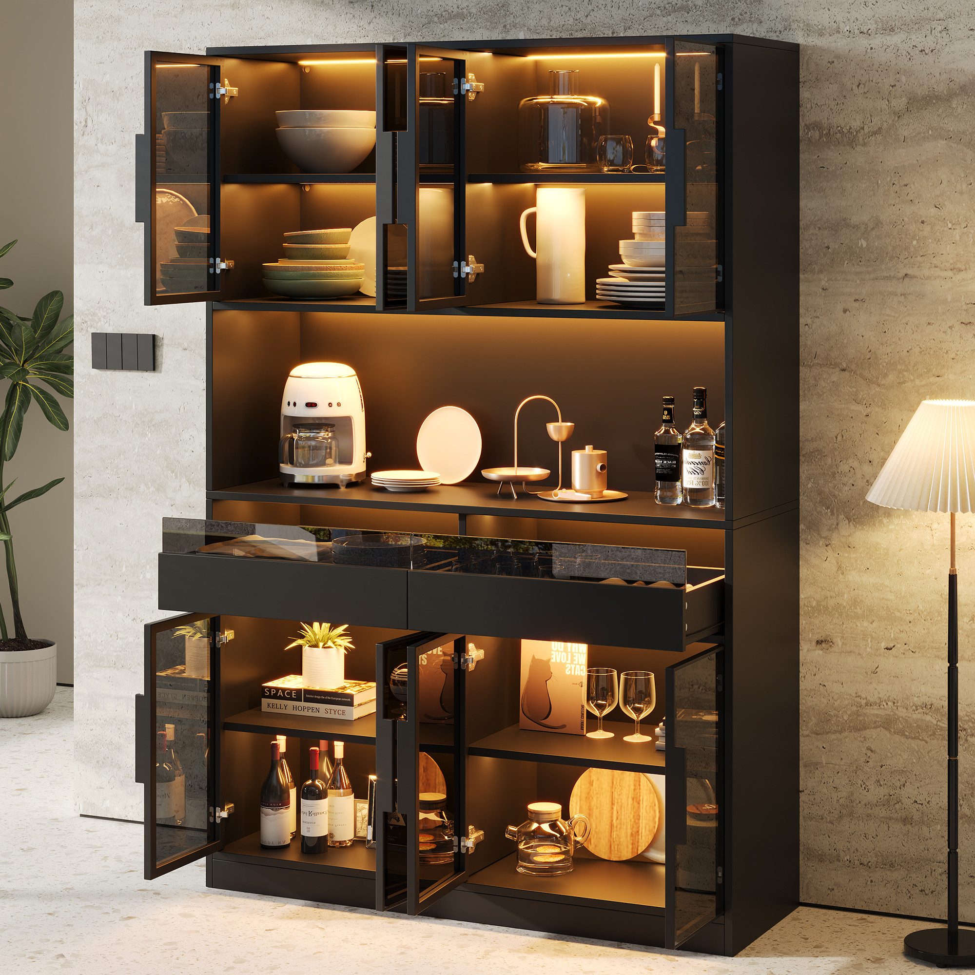 Flieks Glasvitrine Hochschrank mit LED-Beleuchtung, 8 Glastüren und 2 Schubladen (B120xT40xH180 cm, 1-St) multifunktionaler Küchenbuffet mit Airbeitsplatte Standvitrine Schwarz