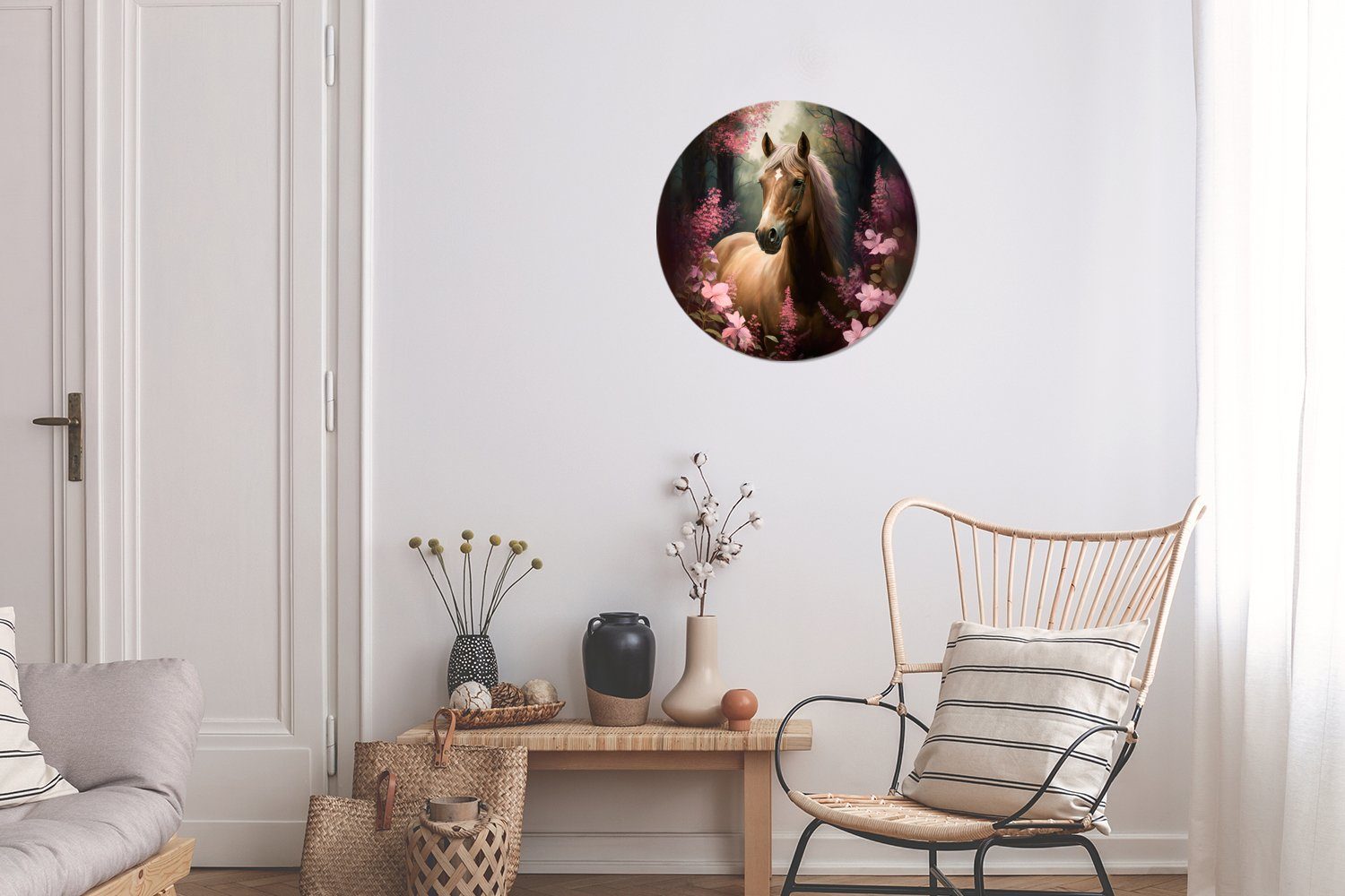 Wanddekoration Kreis St), Forex, cm Natur - Pferd (1 Wandbild, - 30x30 - Wohnzimmer, - Rosa Rundes Blumen Gemälde Wald, MuchoWow