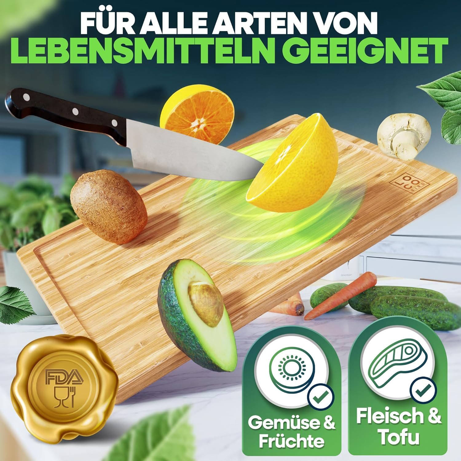 Loco Bird Schneidebrett mit Saftrille - 44,8x30x2 cm großes Holz-Brett für die Küche, Bambus, (1-St., XXL Tranchierbrett), Antibakterielles Holzbrett – Bild 5 von 5