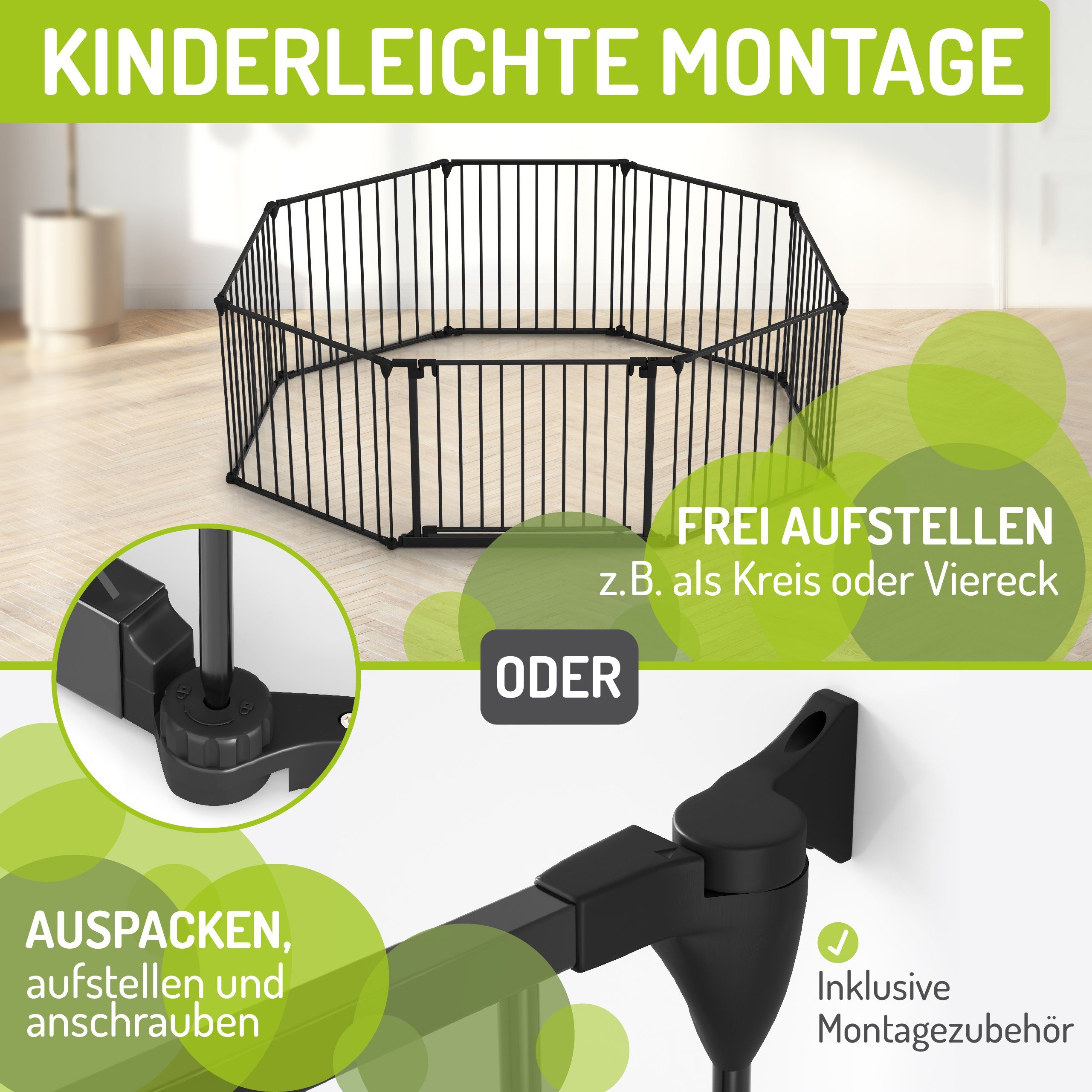 BOMI Türschutzgitter Absperrgitter Milo 100–525 cm, Raumtrenner, Laufstall Metall (sicherheitsgeprüftes Gitter, flexibel & erweiterbar), Schutzgitter Baby zum Anschrauben oder Aufstellen, Schwarz
