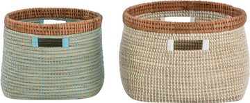 Krines Home Aufbewahrungskorb Set/2 Handgearbeitete Seegras Dekokörbe zur Aufbewahrung Flechtkorb (2 St., 2er-Set), Korb Natur mit weißen Wicklungen Rund