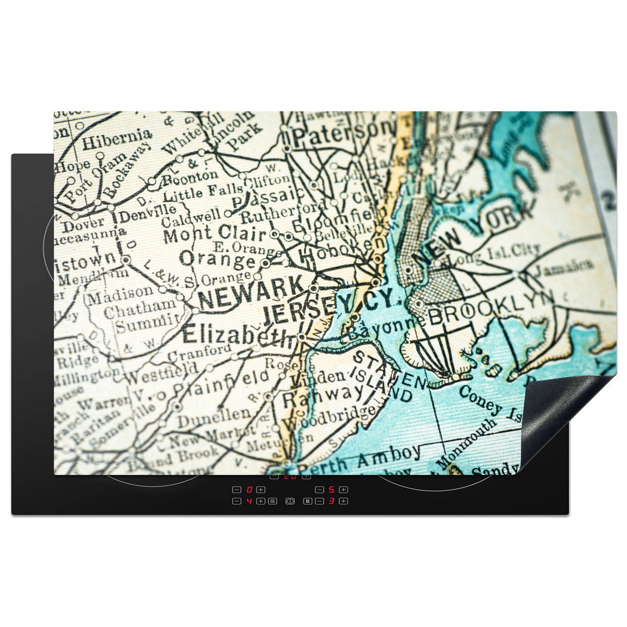 MuchoWow Herdblende-/Abdeckplatte Eine Illustration einer antiken Karte von Jersey City, Vinyl, (1 tlg), 81x52 cm, Induktionskochfeld Schutz für die küche, Ceranfeldabdeckung
