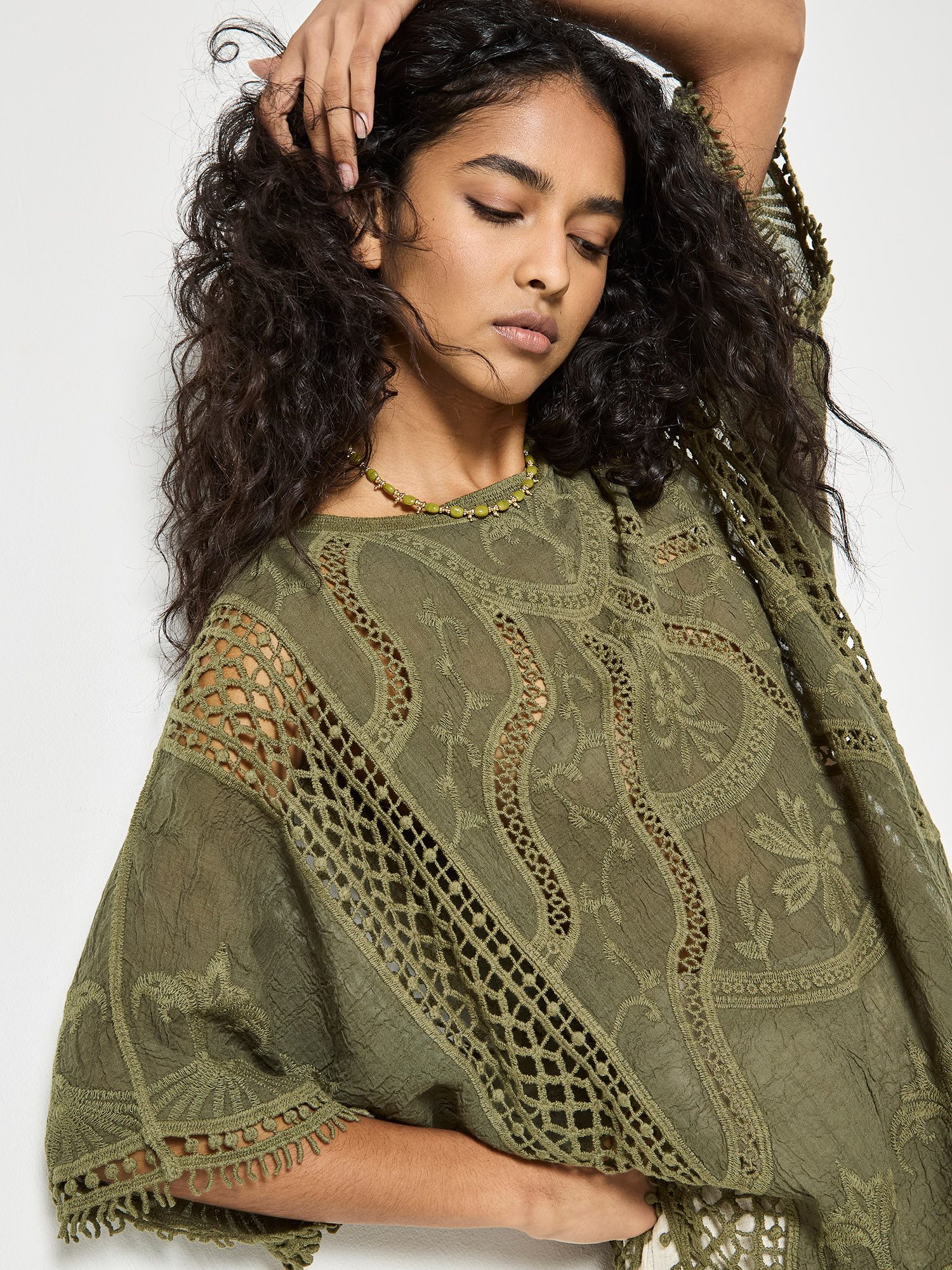 Apricot Spitzenshirt Top aus Baumwollmischung mit Häkelstickerei Spitzenmus günstig online kaufen