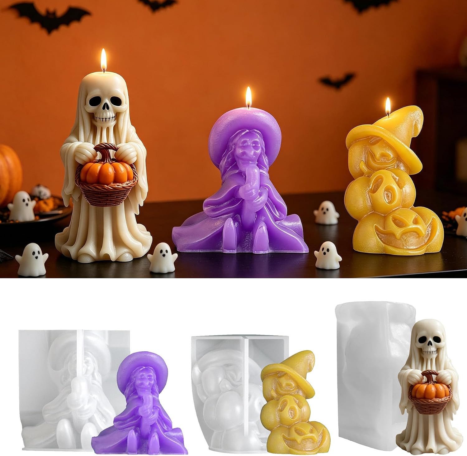 FELIXLEO Silikonform 3 Stück Halloween Silikonformen mit Kürbis Geist Hexe und Skelett