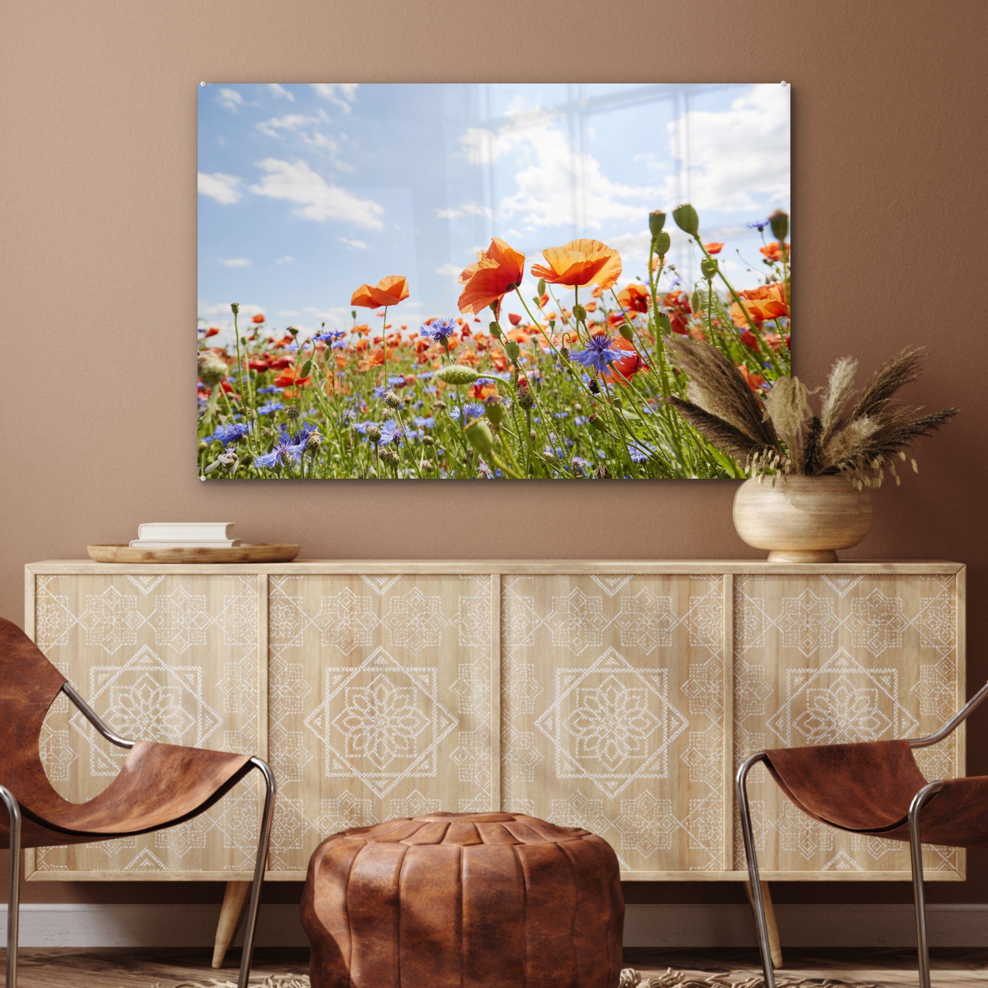 St), von Nahaufnahme Wohnzimmer Acrylglasbild Mohnblumen, Schlafzimmer MuchoWow Kornblumen & (1 Acrylglasbilder und