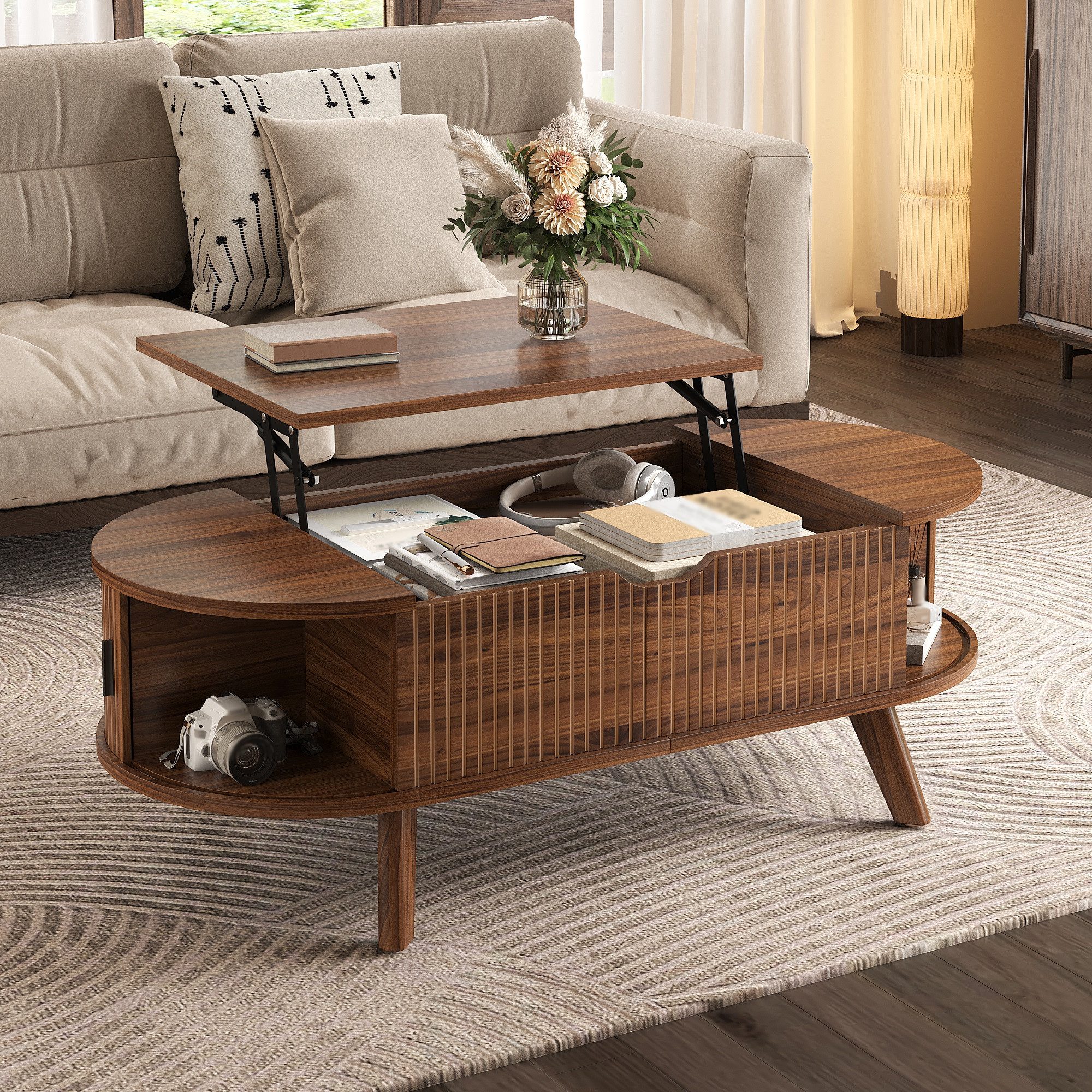 Merax Couchtisch ovaler Wohnzimmertisch Beistelltisch mit höhenverstellbarer Hubplatte (1-St., 110 x 50 x 53,5 cm), Sofatisch mit verstecktem Stauraum, 2 Schiebetüren & geriffelter Front