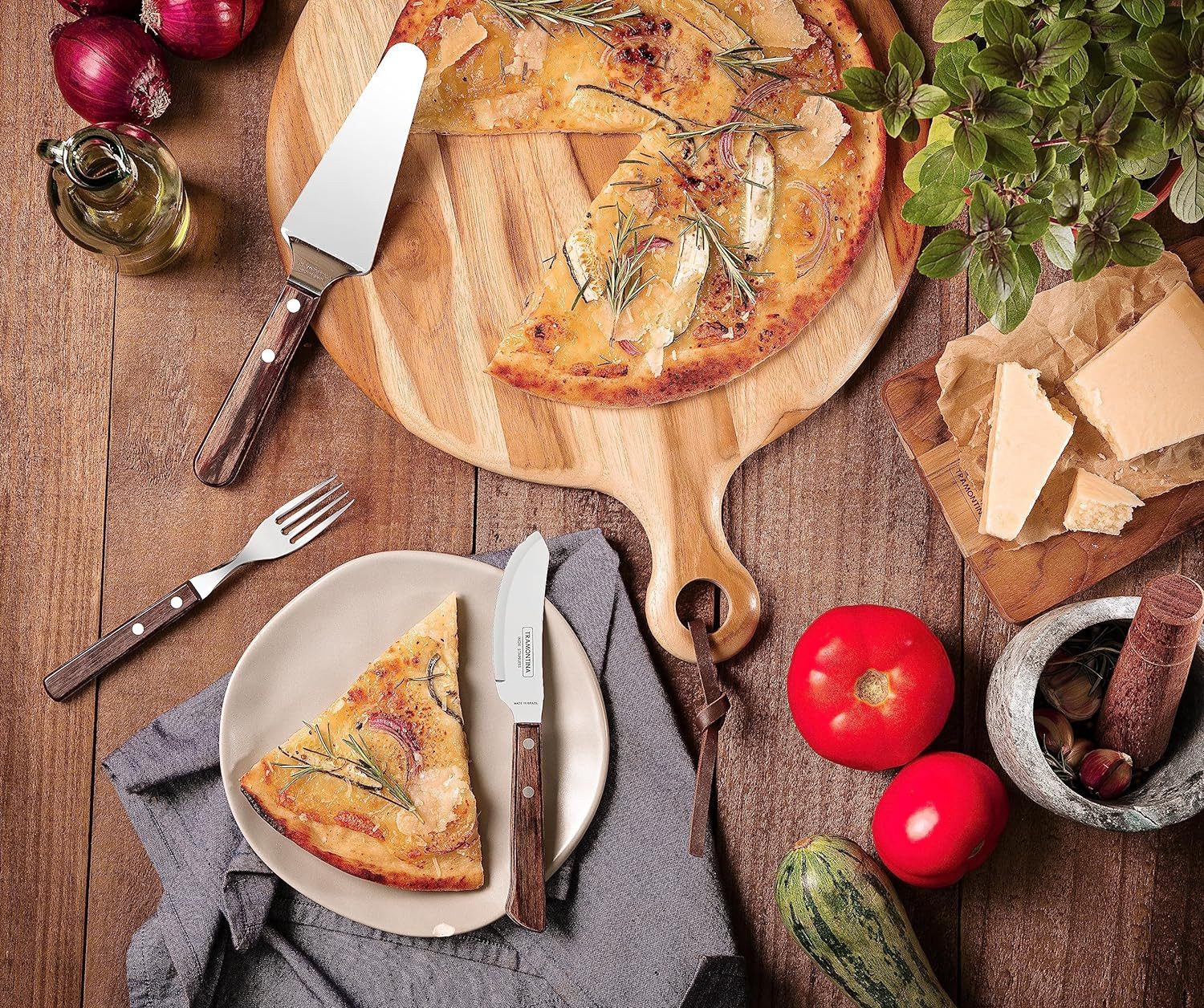 Stelby Pizzamesser Tramontina Pizzamesser, 10 cm, Edelstahl, FSC-zertifizierter Holzgriff (3 Stück), spezielle Klinge, Wellenschliff, rostfrei, spülmaschinenfest