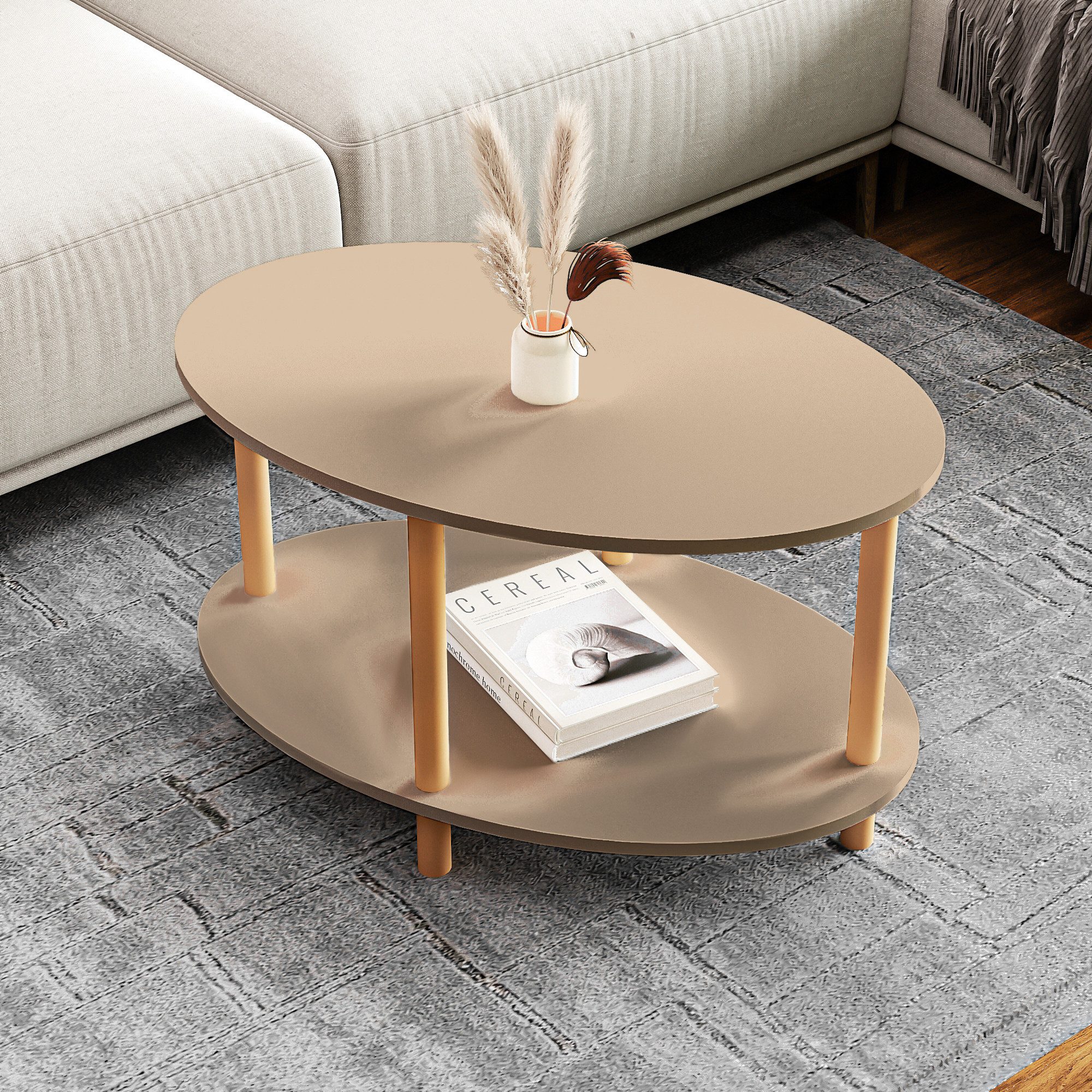 en.casa Couchtisch, »Højreby« oval Beine aus Buchenholz 70x44x43 cm Cappuccino