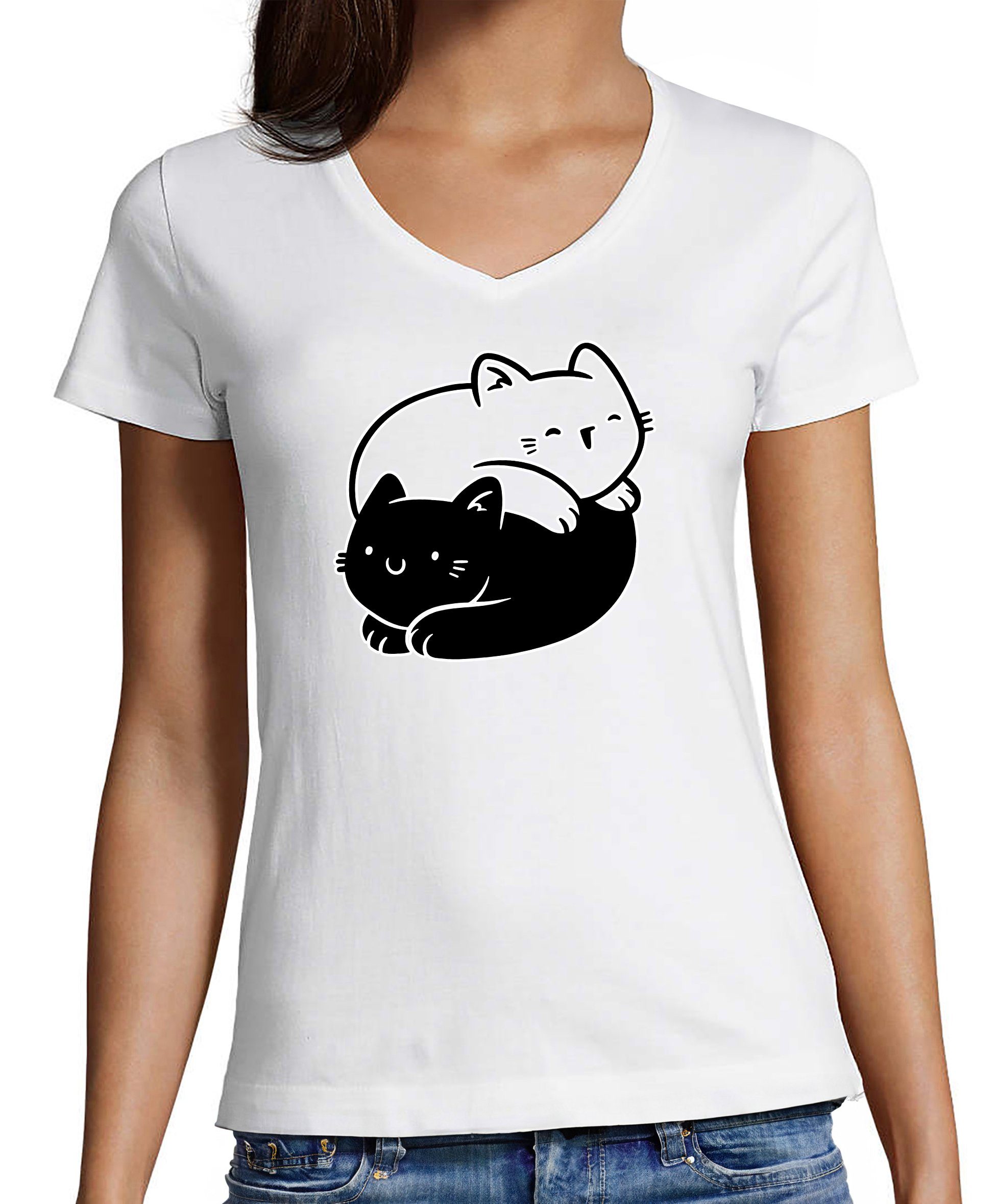 MyDesign24 T-Shirt Damen Katzen Print Shirt bedruckt - Yin Yang Katze Baumwollshirt mit Aufdruck, Slim Fit, i112 weiss