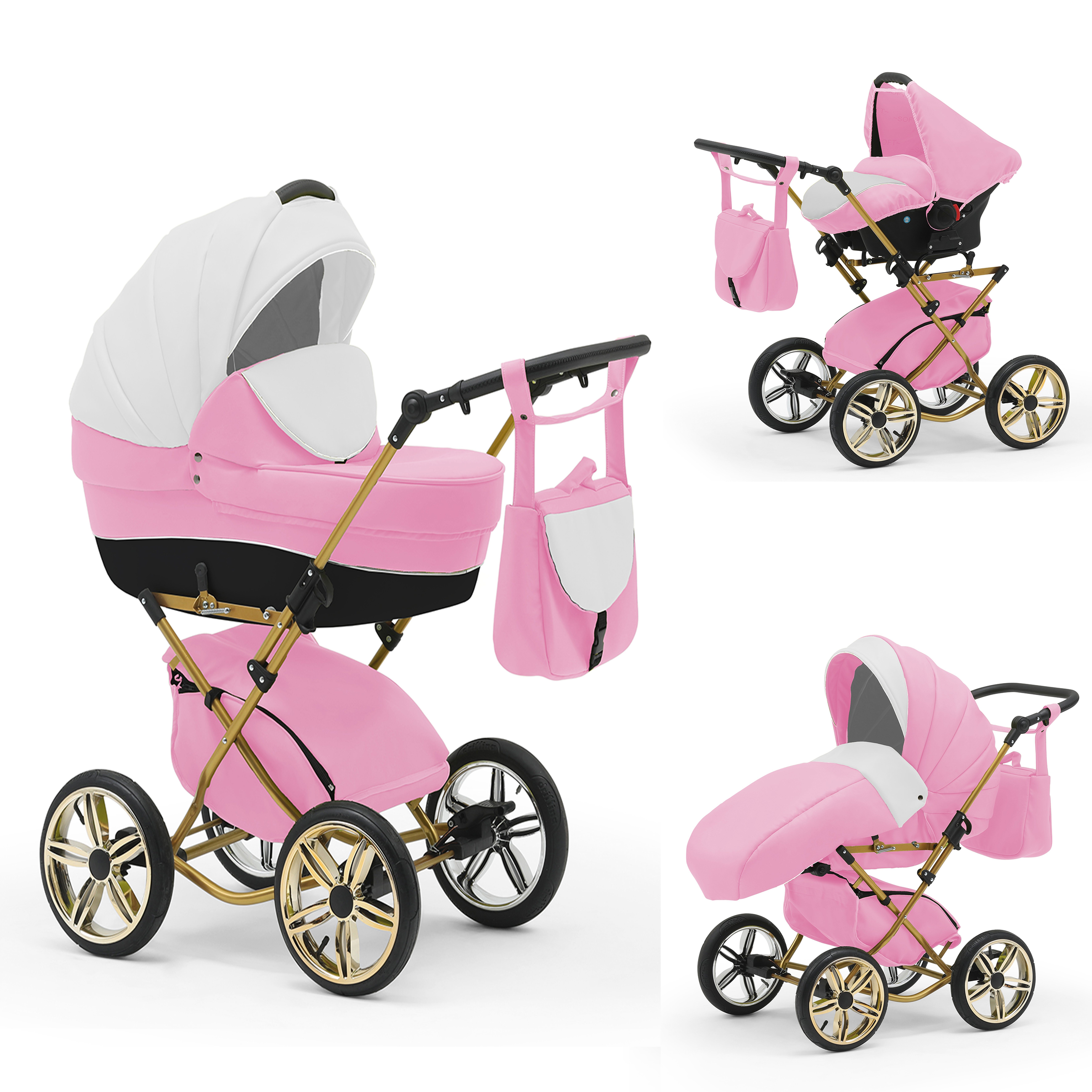 babies-on-wheels Kombi-Kinderwagen Sorento 3 in 1 inkl. Autositz - 13 Teile - in 10 Designs Rosa-Weiß