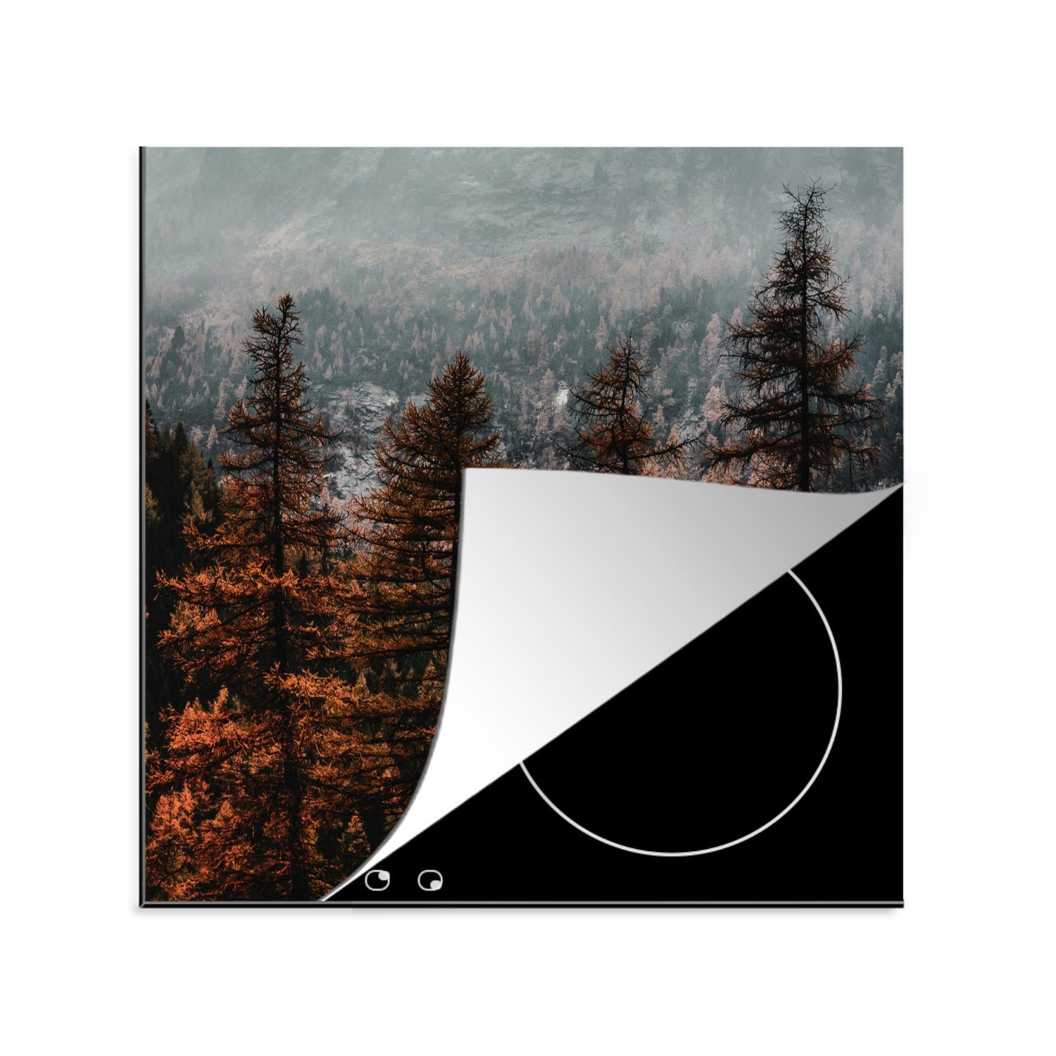 MuchoWow Herdblende-/Abdeckplatte Bäume - Nebel - Winter, Vinyl, (1 tlg), 78x78 cm, Ceranfeldabdeckung, Arbeitsplatte für küche