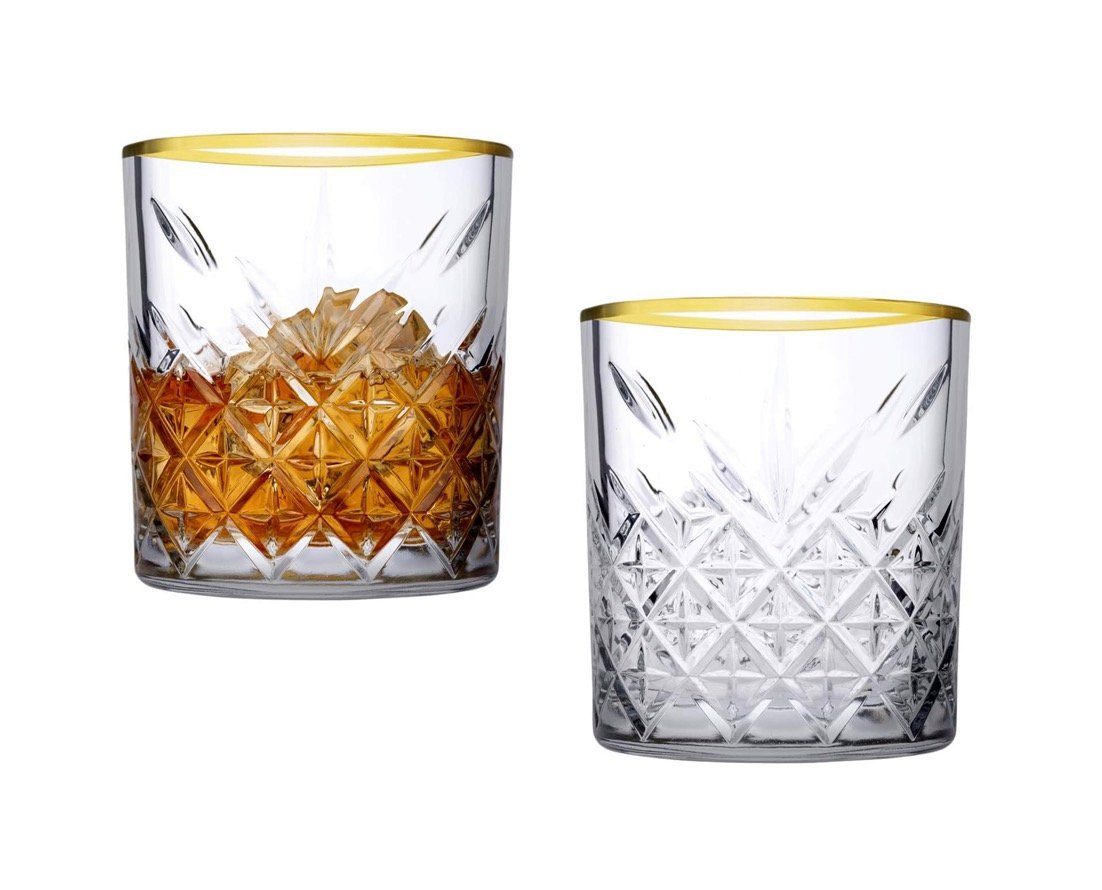 Pasabahce Whiskyglas Tumbler Timeless im Kristall-Design, 345 ml, 4 Stück, Goldrand, 4-tlg.