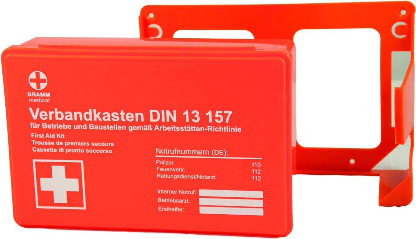 GRAMM medical KFZ-Verbandkasten Verbandkasten Betriebsverbandkasten DIN 13157:2021-11 Orange mit Wandhalterung