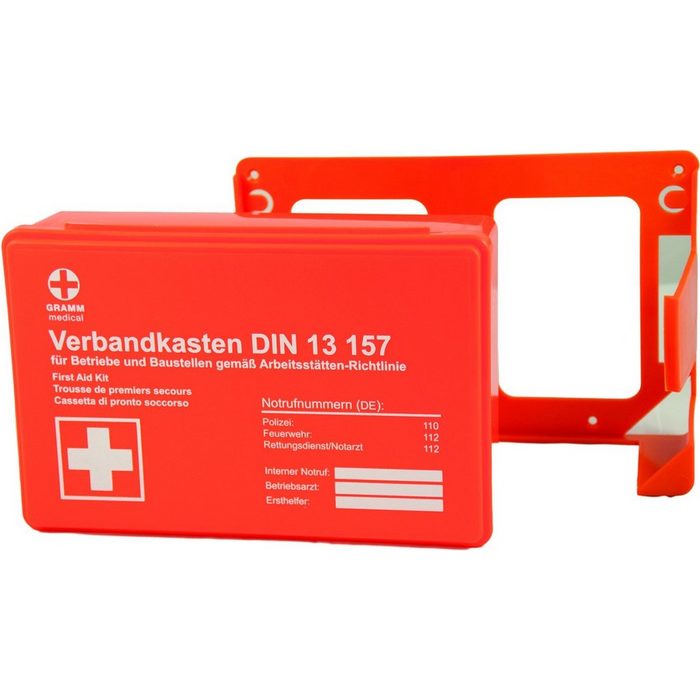 GRAMM medical KFZ-Verbandkasten Verbandkasten Betriebsverbandkasten DIN 13157:2021-11 Orange mit Wandhalterung