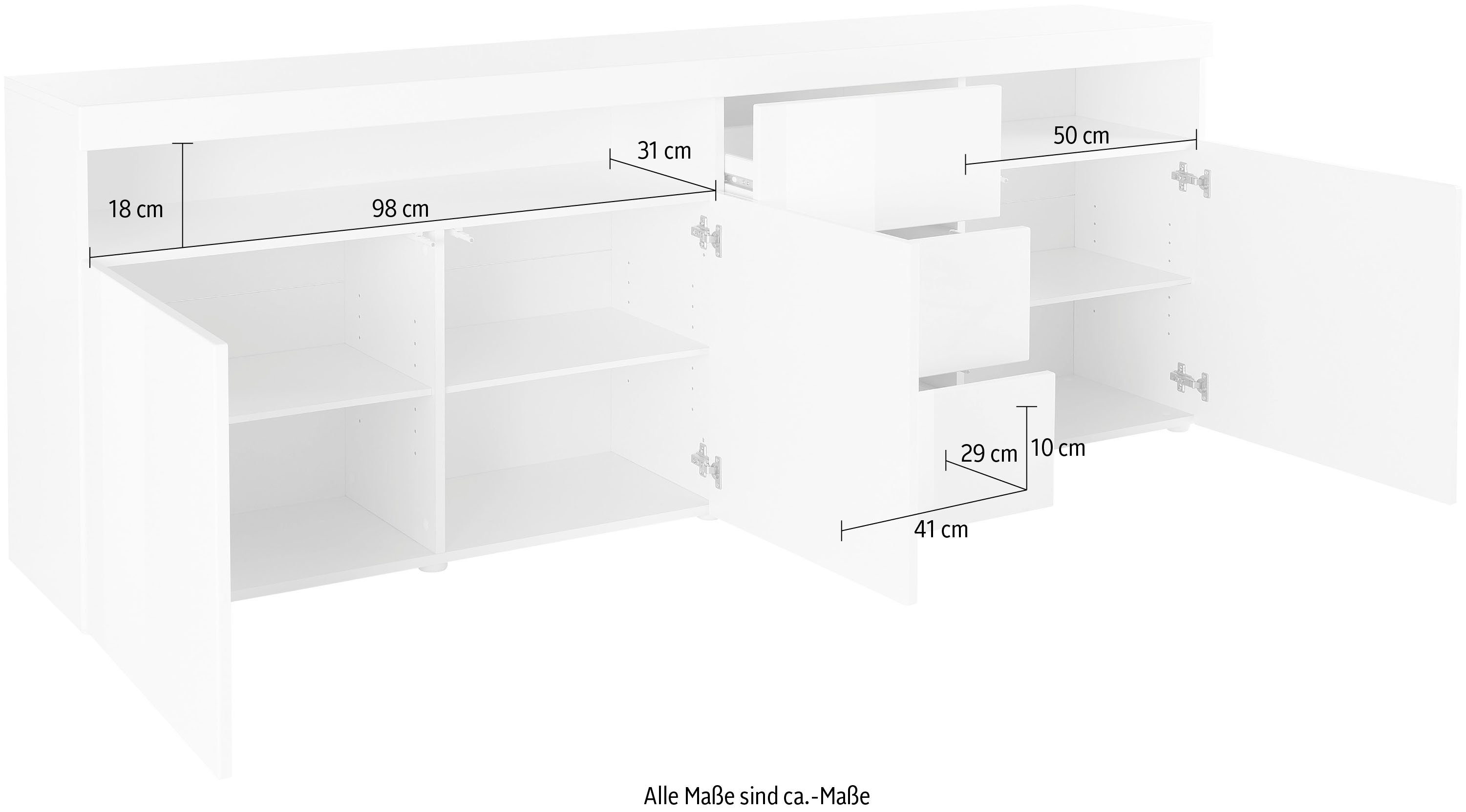 3 mit Möbel Sideboard Hochglanz borchardt cm weiß Breite Kapstadt, 200 Schubkästen Hochglanz/weiß