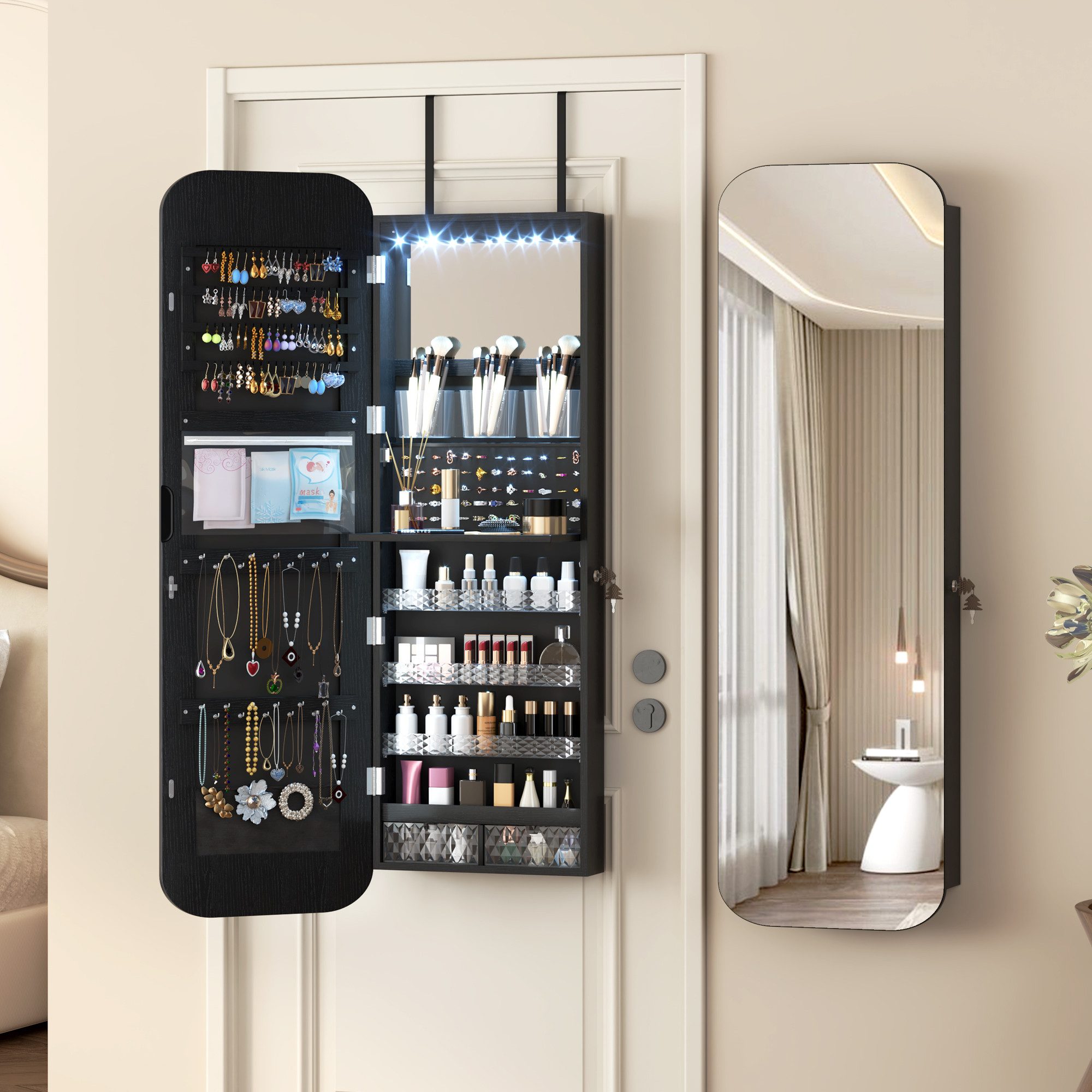 LVSOMT Schmuckschrank LED Ovaler Hängeschrank, Abschließbarer Türspiegel/Wandspiegel mit Beleuchtung, Gewölbter Spiegelschrank in Schwarz – Bild 4 von 5