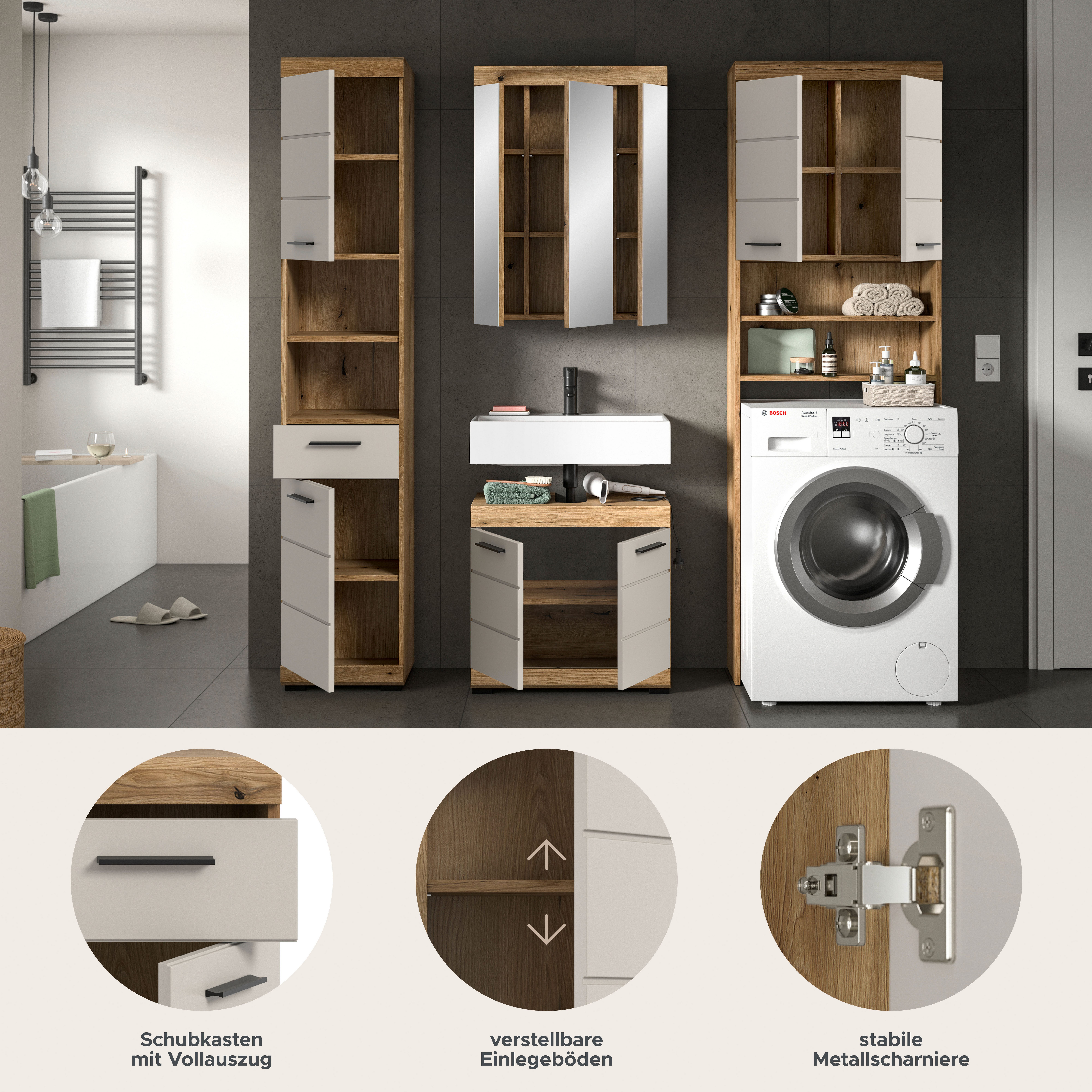 welltime Badmöbel-Set SIENA, 4 teilig, bestehend aus:, (Set, 4-St., TOPSELLER), Hochschrank, WBU, Spiegelschrank, Waschmaschinenumbauschrank