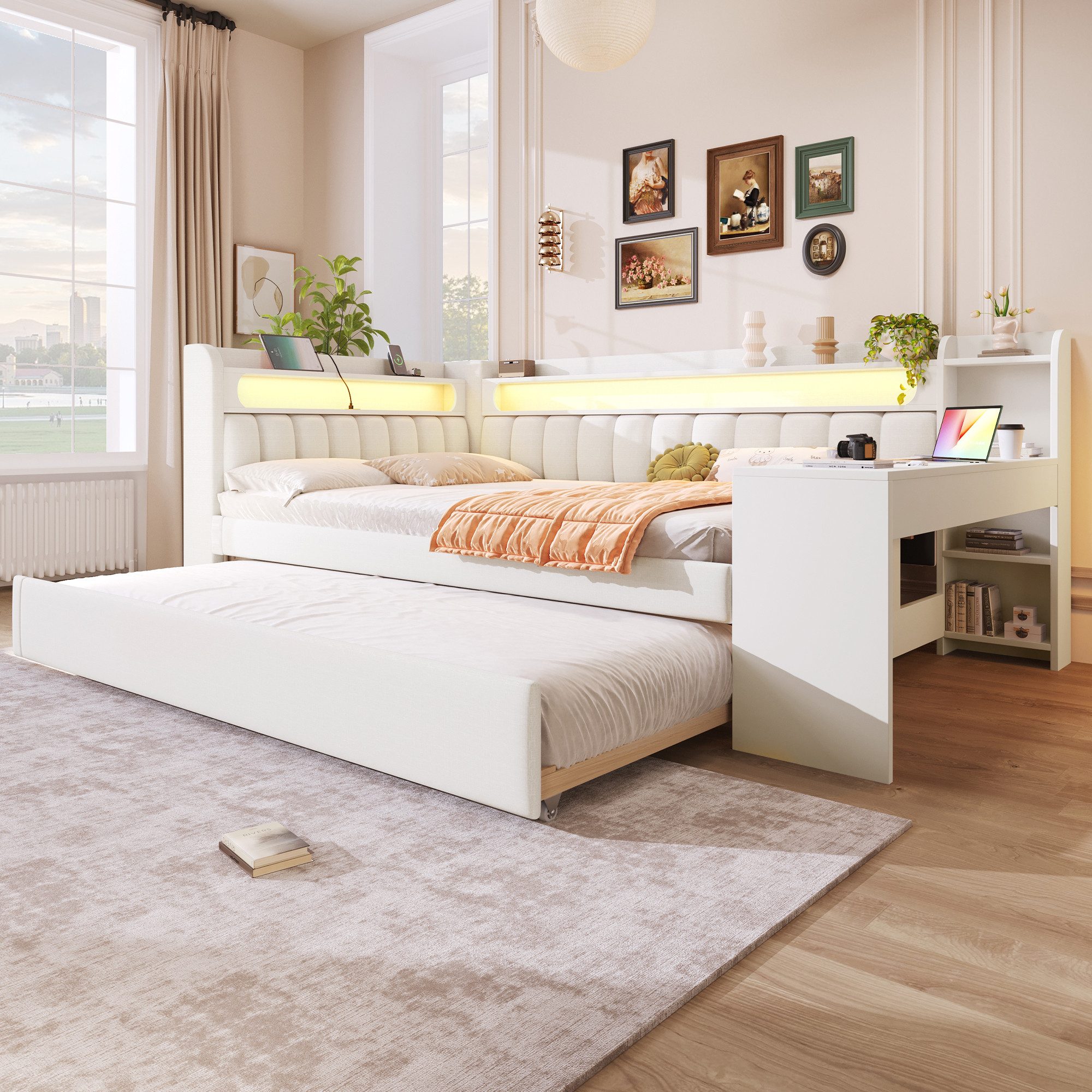 Flieks Daybett, Polsterbett 140x200cm mit Ausziehbett 90x190cm, USB, LED, S günstig online kaufen