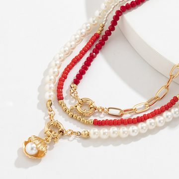 AquaBreeze Perlenkette Geschichtete Perlenkette, handgewebte Halskette im Boho-Stil (1-tlg), Mit Muschel- und Kunstperlenanhänger, Perlenkette für Damen