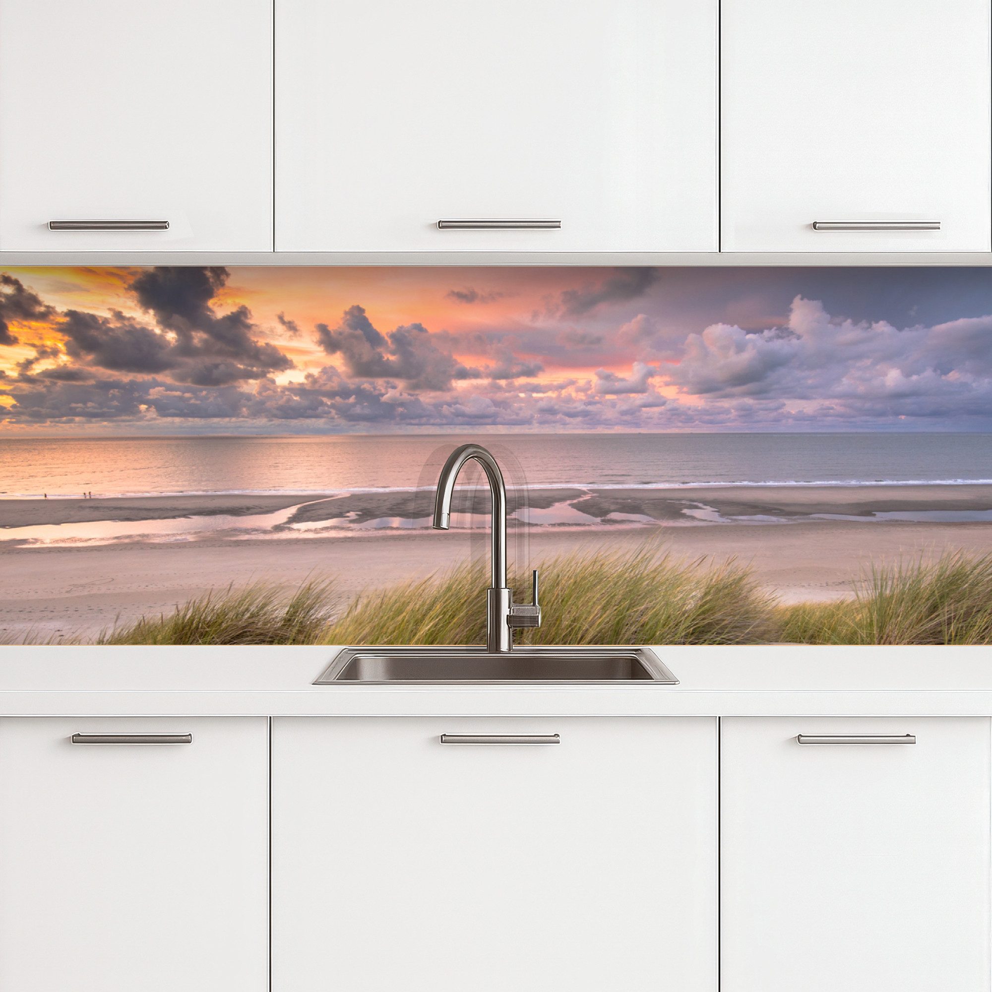 KitchenYeah Küchenrückwand selbstklebend Sonnenuntergang - Düne - Strand - Pflanzen - Meer, (1-tlg), Spritzschutz, Küche, Rückwand, Küchenwand, Ohne Bohren, 250x80 cm
