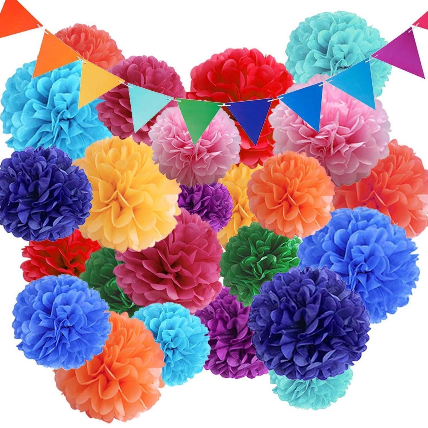 LuxusKollektion Wimpelkette Party Deko 25 Stk. Regenbogen Pompons Wimpelkette