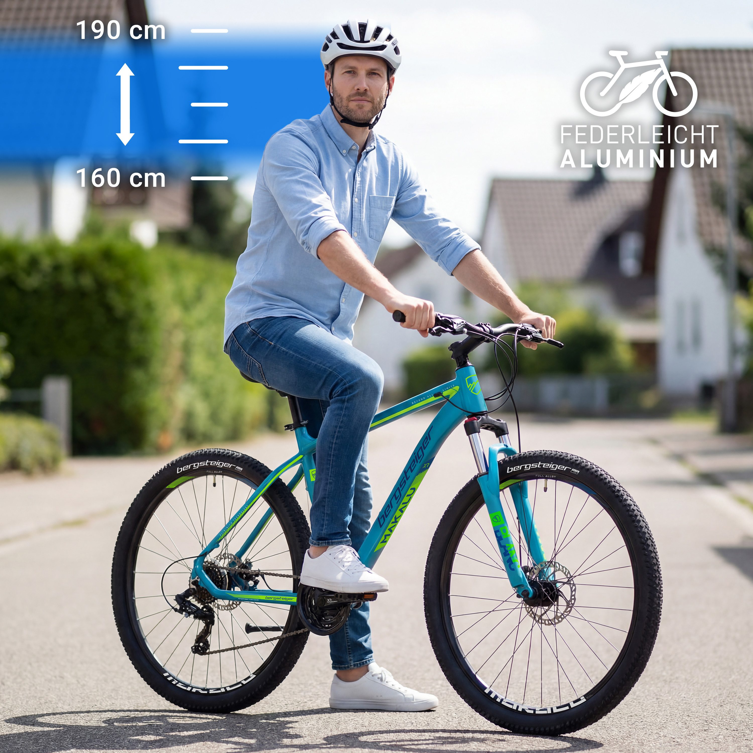 bergsteiger Mountainbike Makalu 26, 29 Zoll Mountainbike Alu, geeignet ab 150 cm, Damen, Herren, 21 Gang Shimano Tourney RD-TY300 Schaltwerk, Kettenschaltung, Scheibenbremsen