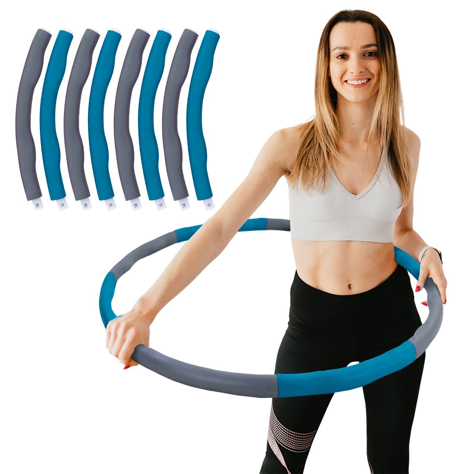 RAMROXX Hula-Hoop-Reifen Fitness Reifen 8 Teile gepolstert Durchmesser einstellbar Grau Blau