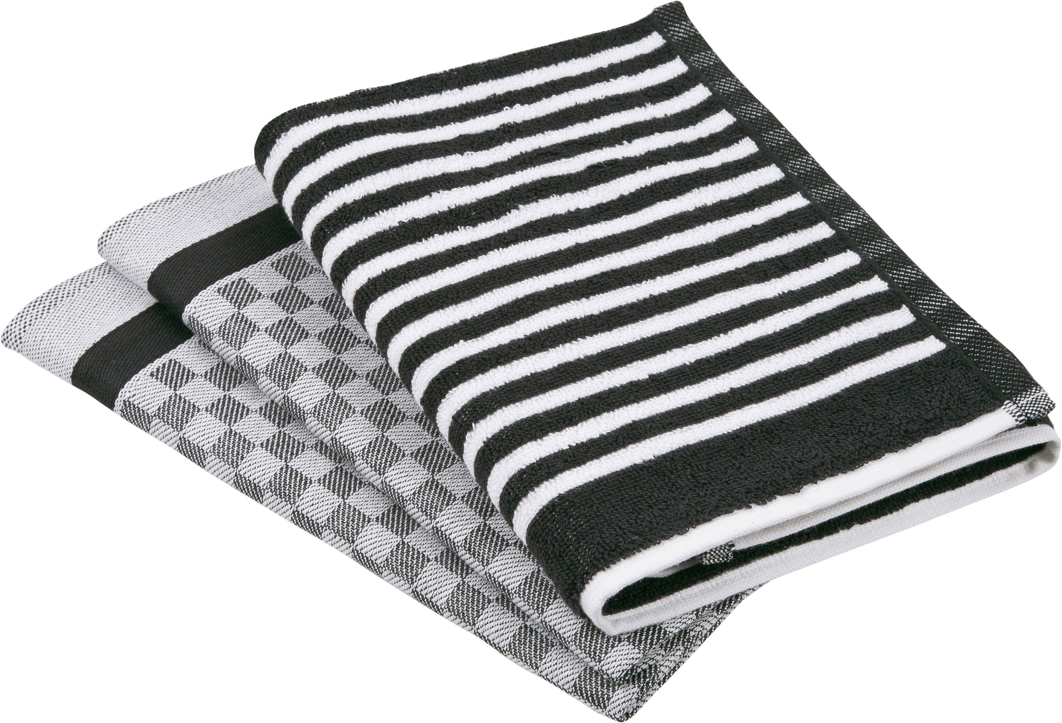 ROSS Geschirrtuch Exclusiv, (Set, 3-tlg), 1x Küchen-Frottiertuch (Streifen) und 2 Geschirrtücher (Karodesign) schwarz