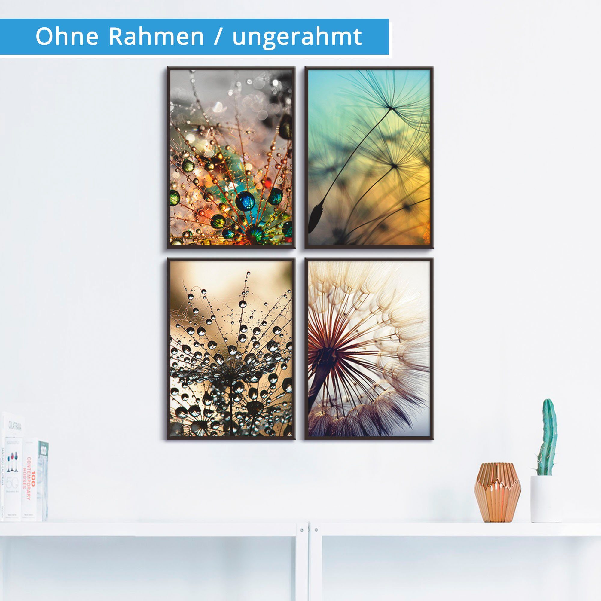 Artland Poster Pusteblume,Nahaufnahme Löwenzahn, Blumen (4 St), Bilder Set, 4tlg., ohne Rahmen
