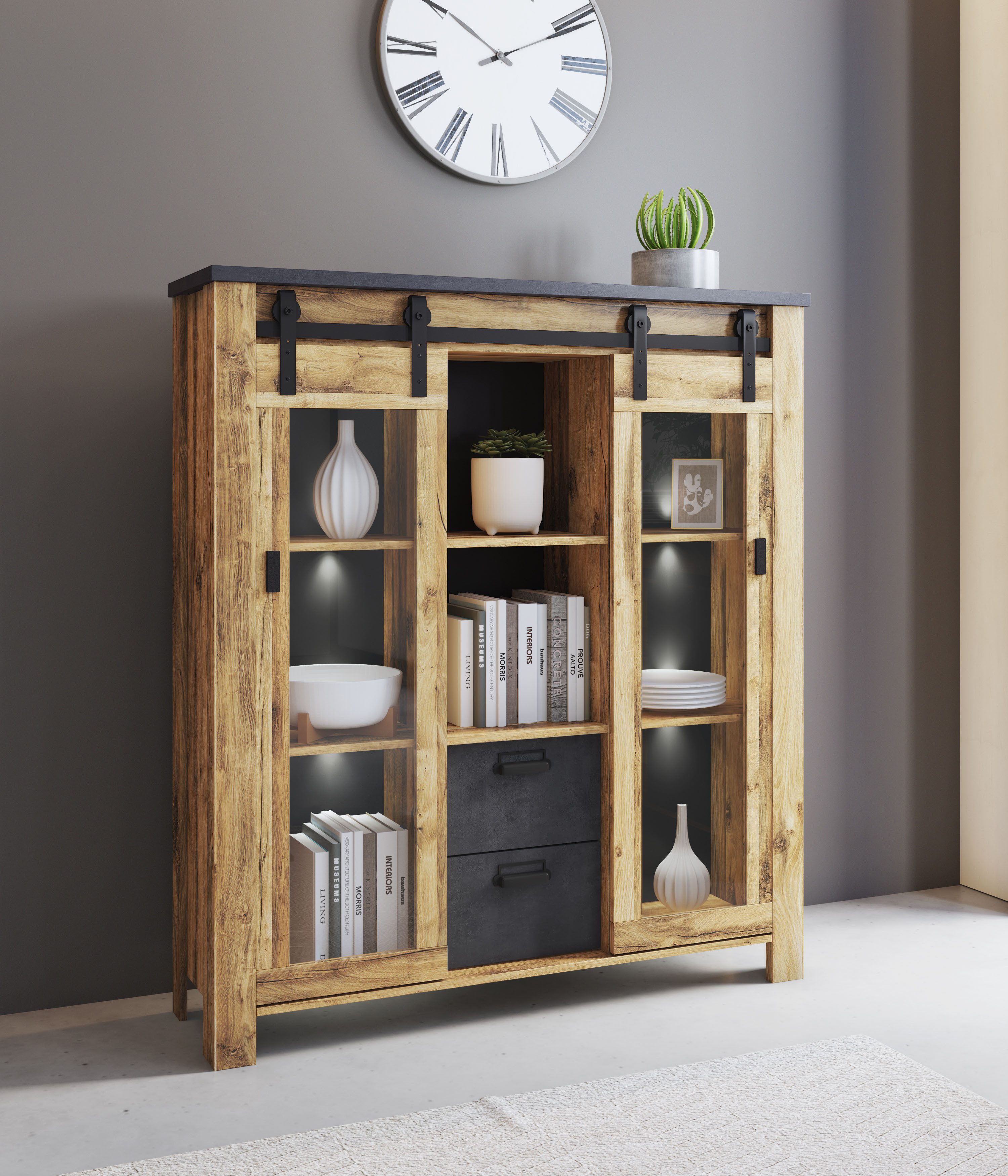 Home affaire Highboard York, moderner Hochschrank, Vitrine in Hunton Oak, Industrialdesign, mit Scheunentorbeschlägen & Apothekergriffen aus Metall, 150 cm hoch