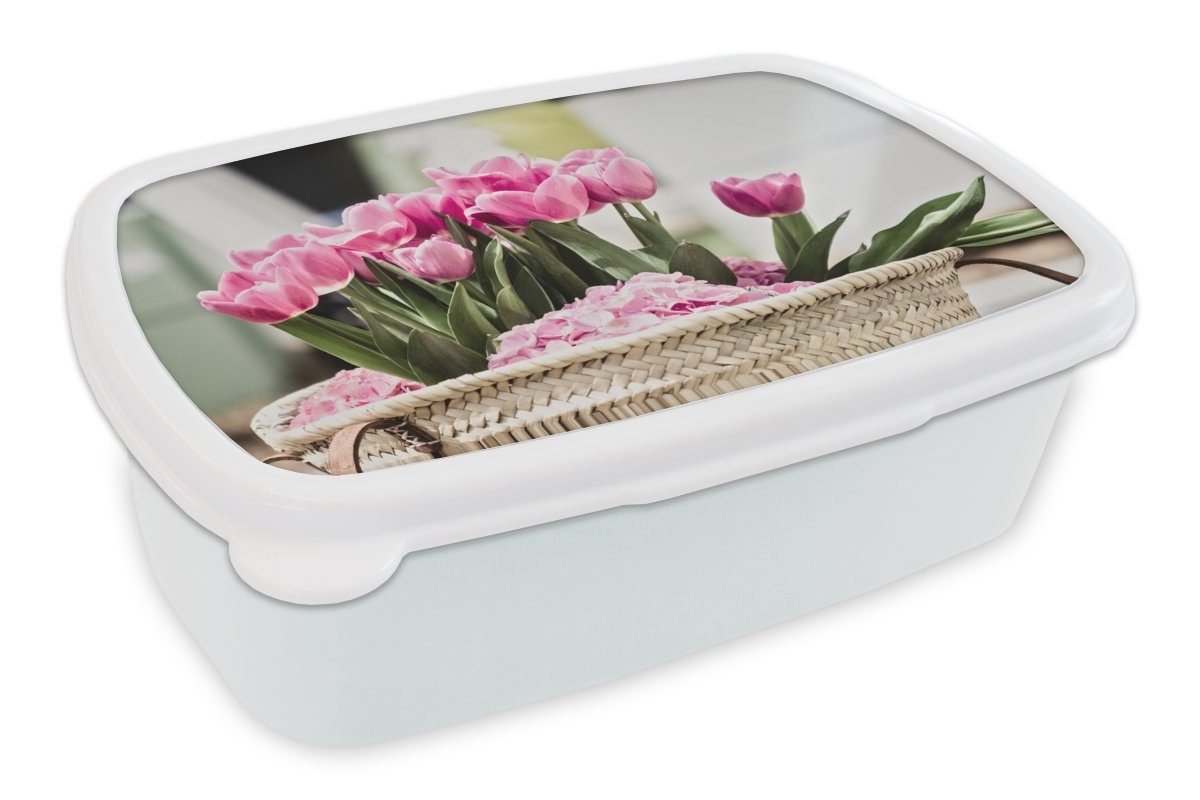 MuchoWow Lunchbox Strauß lila Tulpen in einem Weidenkorb, Kunststoff, (2-tlg), Brotbox für Kinder und Erwachsene, Brotdose, für Jungs und Mädchen weiß