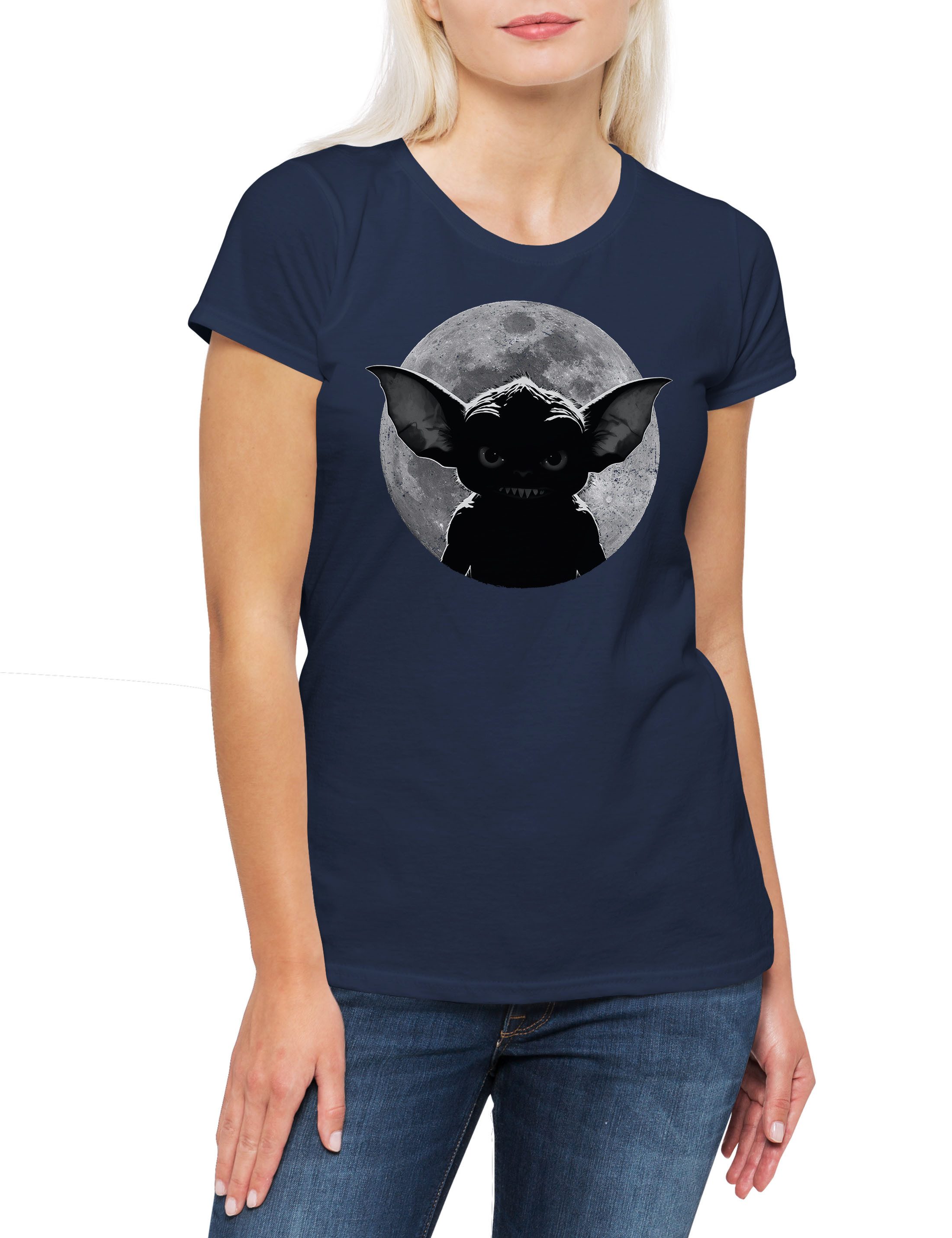 Print-Shirt Monster Moon Damen T-Shirt 80s Mond Gremlin Kult Gremlins Horror Gizmo